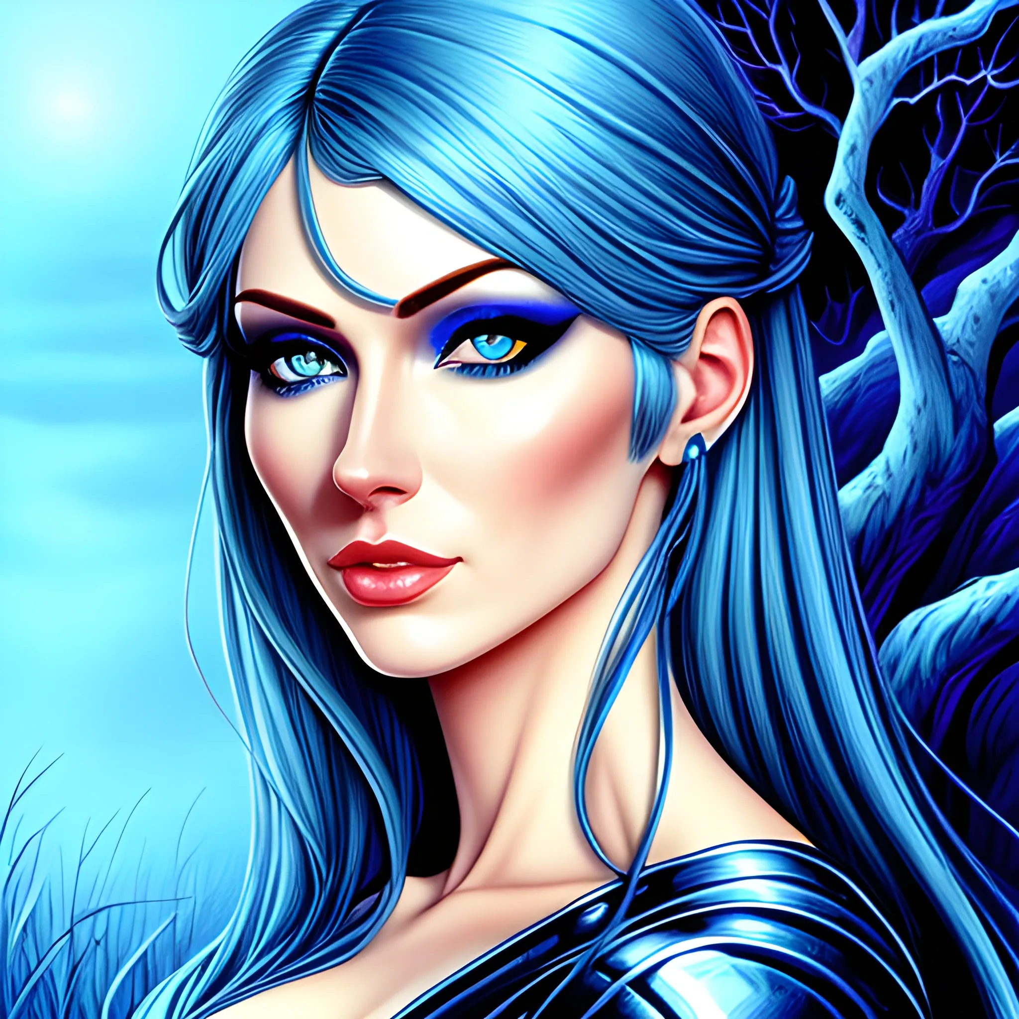 Beautiful girl with blue eyes, high detail, blue scene, hauntingly beautiful illustration