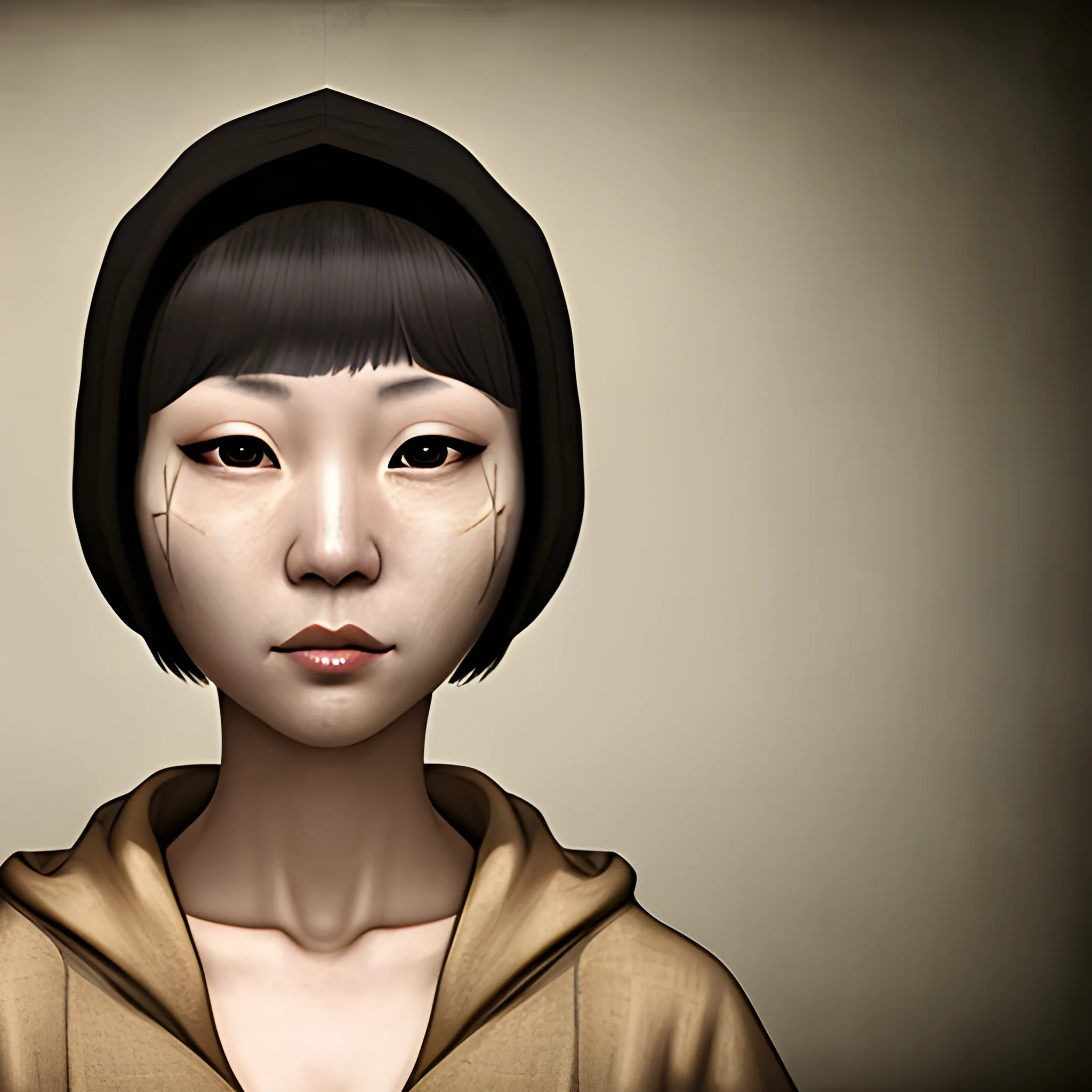 In the style of fallout 1, (masterpiece), (portrait photography), (portrait of an adult Chinese female), no makeup, dirty face, flat chested, beige linen robes with hood, bob-cut hairstyle, black hair, black eyes