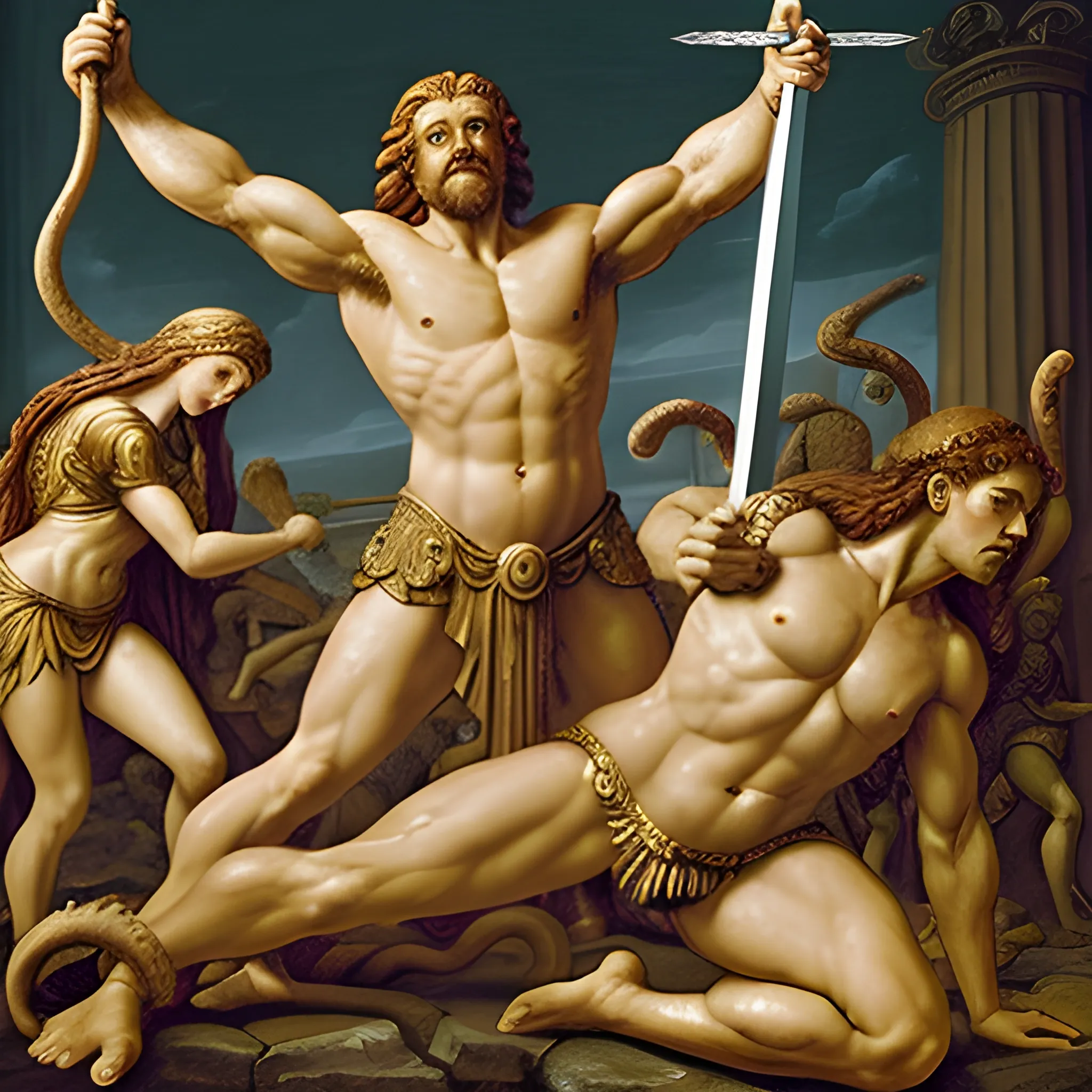 The legendary Hercules brandishes his sword, victorious over the defeated Medusa, her body writhing in death.