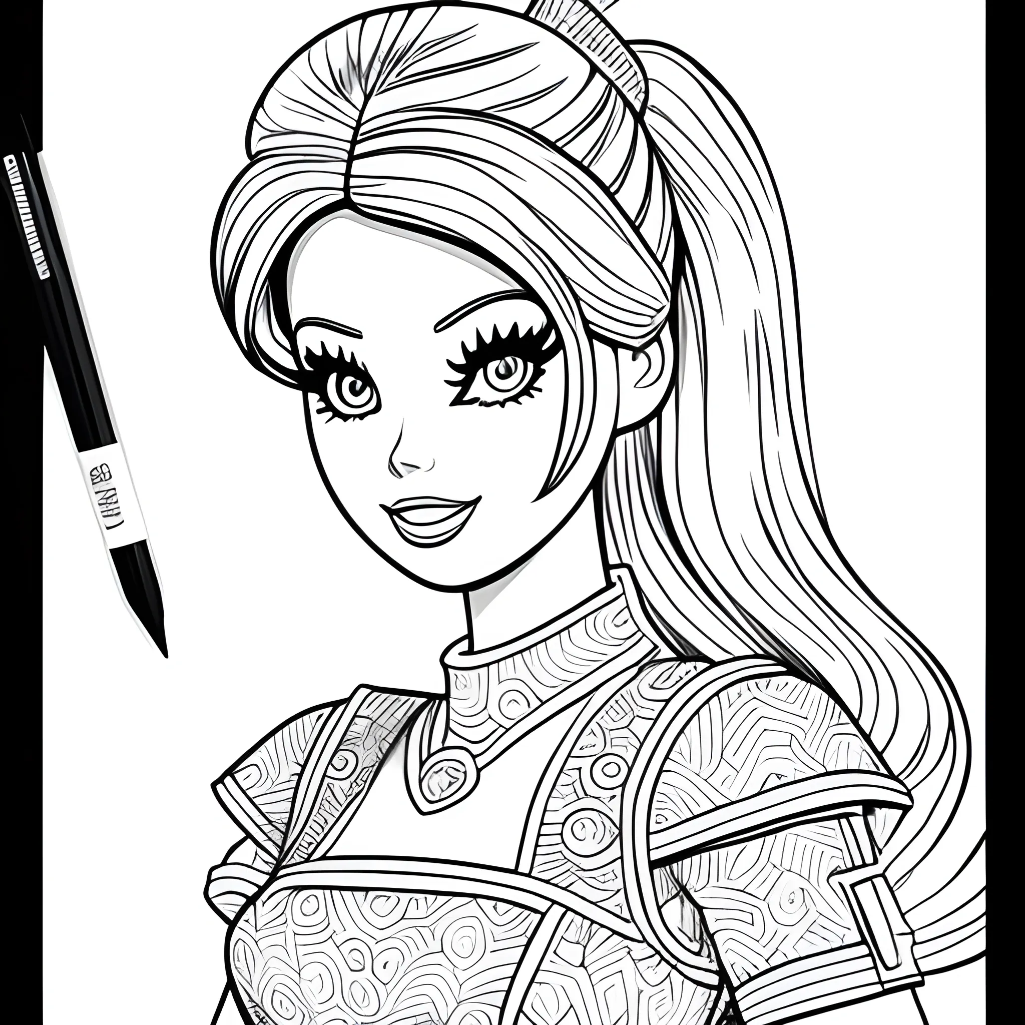 Barbie  in coloring book style, black and white, , Pencil Sketch