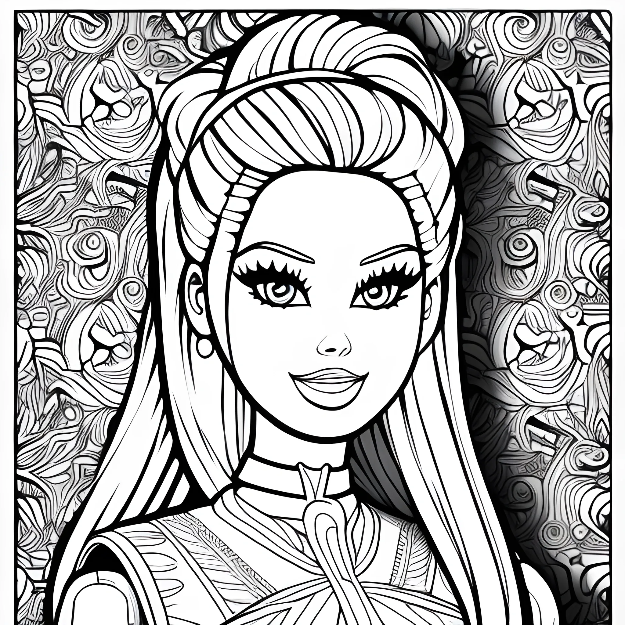 Barbie  in coloring book style, black and white, 