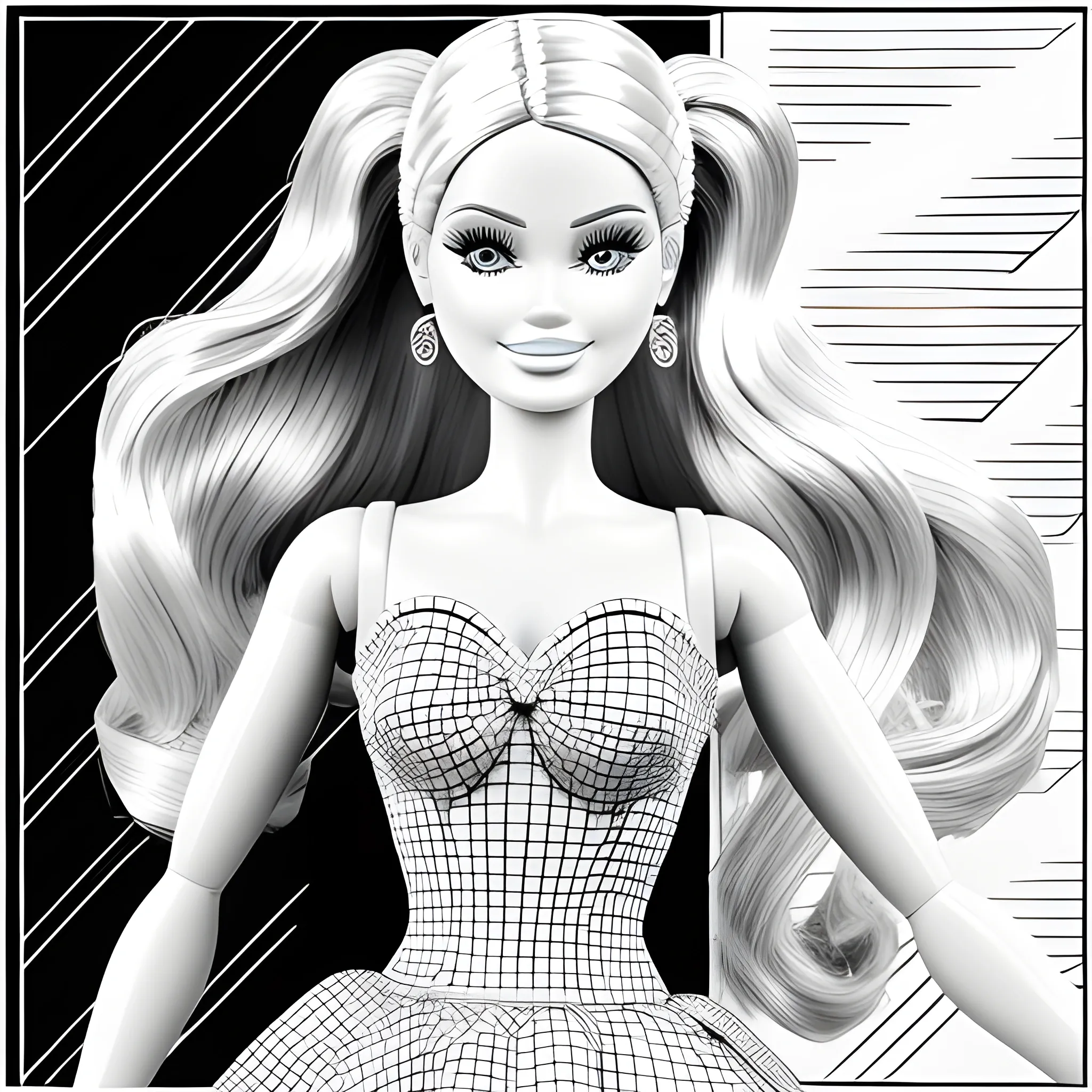 Barbie  in coloring book style, black and white, , 3D