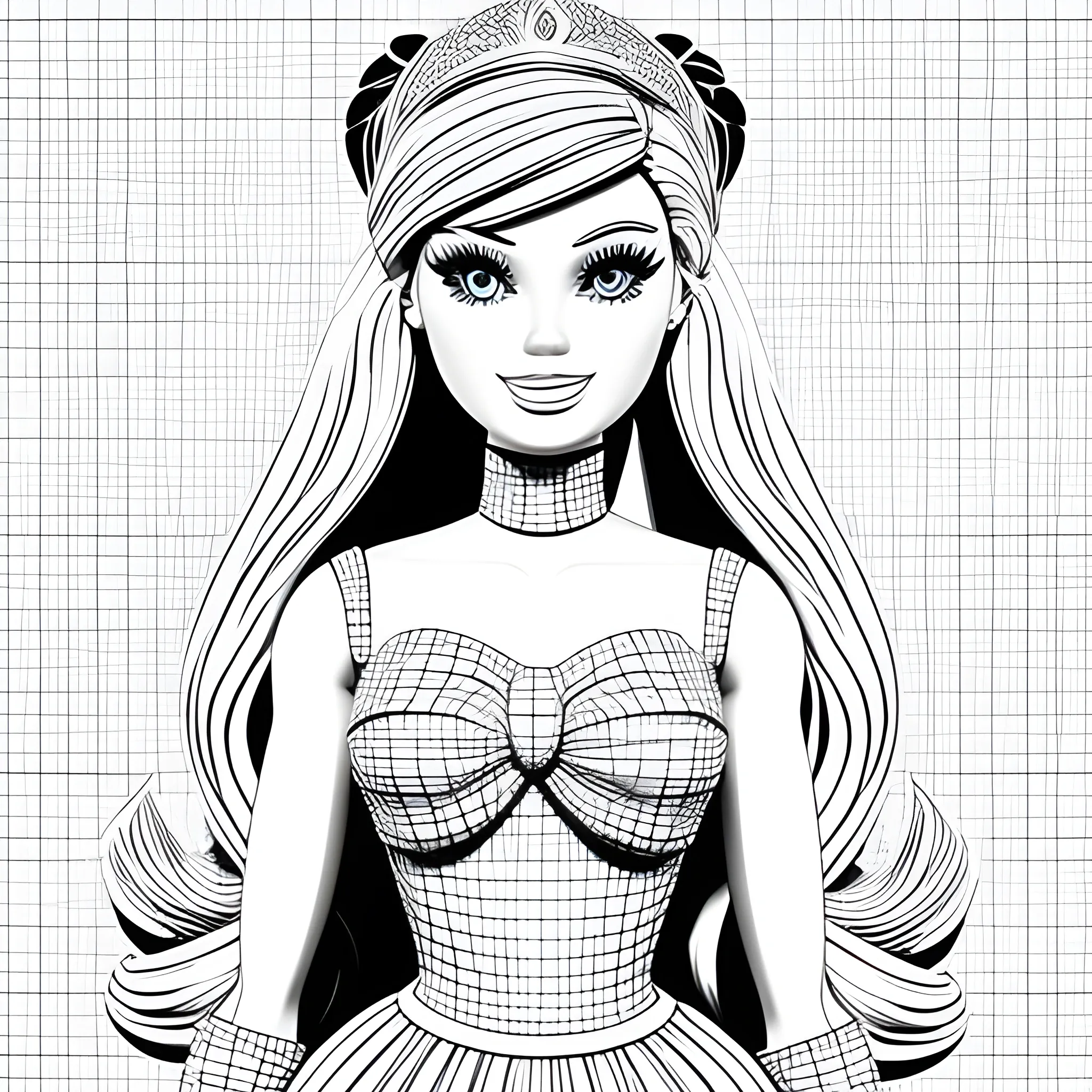 Barbie  in coloring book style, black and white, , 3D