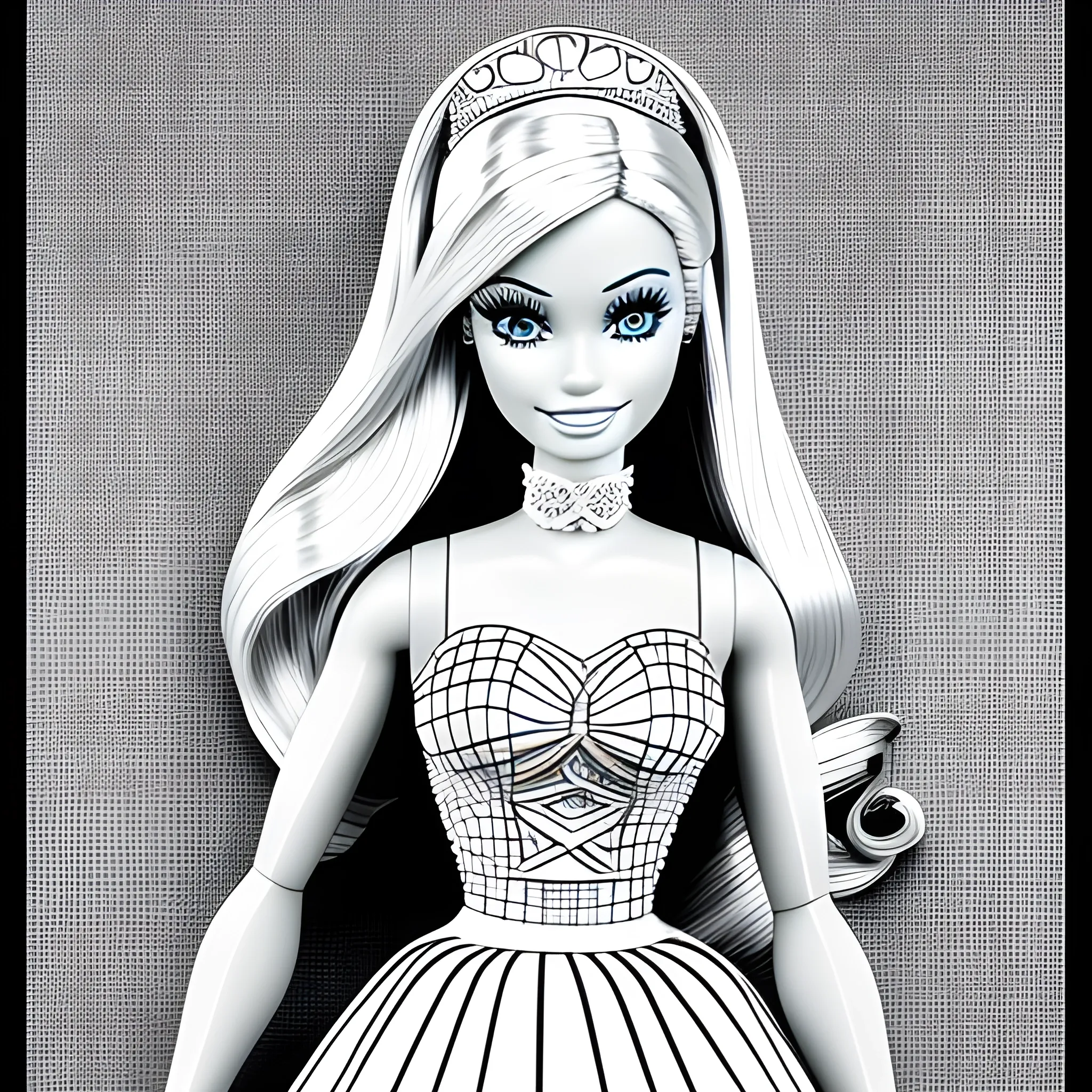 Create a high definition fine line art - black and white colouring page for  an adult colouring book of the original barbie from 1959 on Craiyon