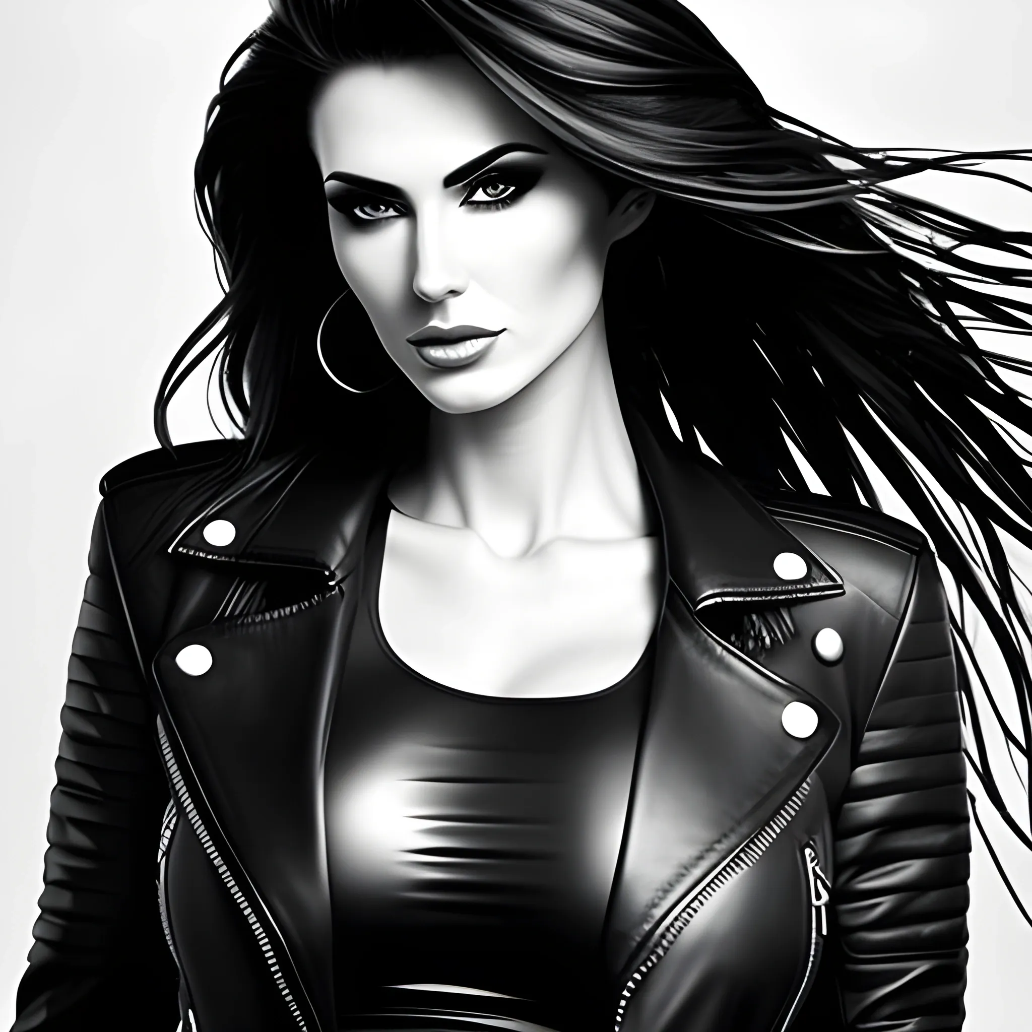 Black and white portrait of beautiful girl with long messy hair and stunning black leather jacket, stunning, no background