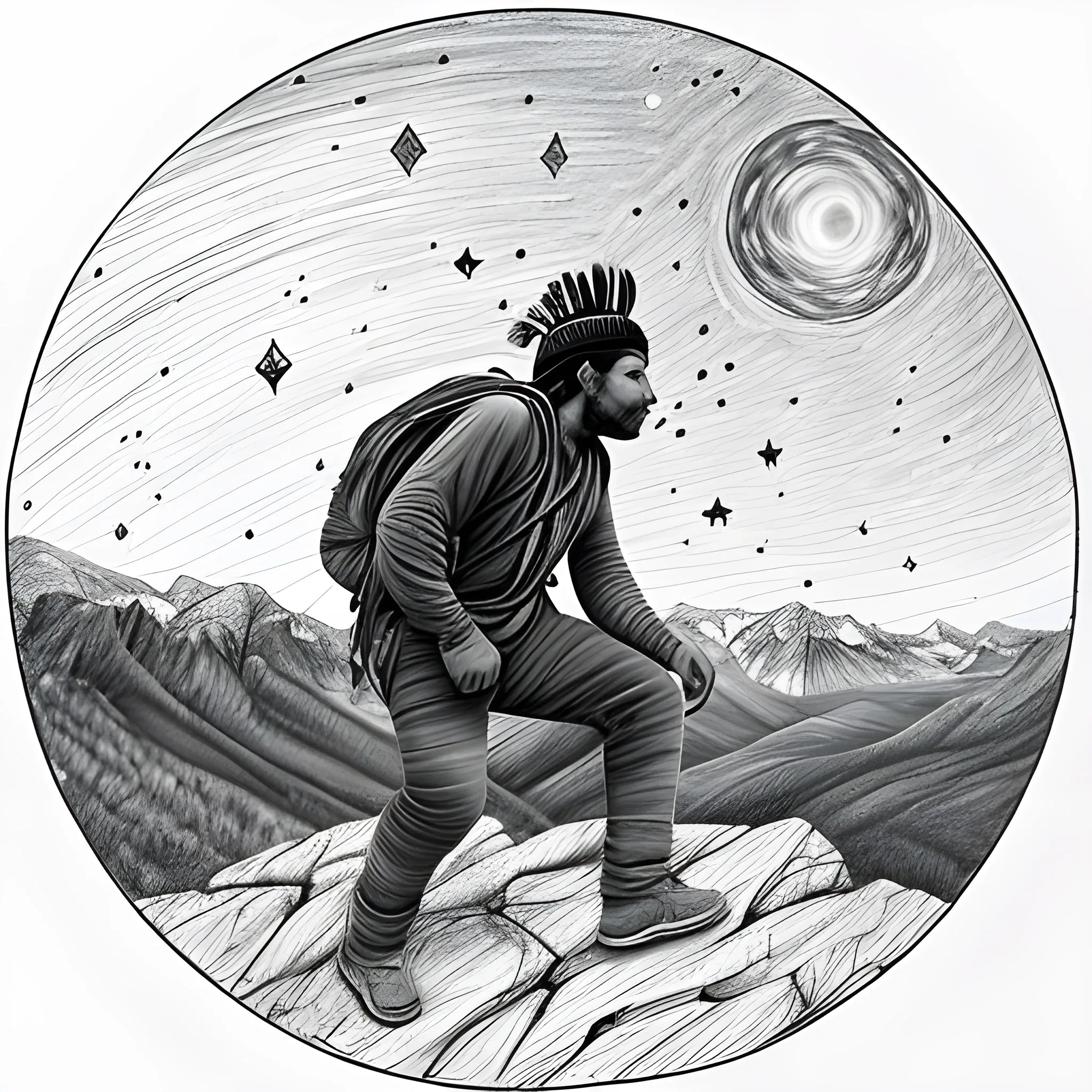 an indigenous man climbing the mountains on starry nights with a huge full moon full 4k ultrarealista, Pencil Sketch, Trippy