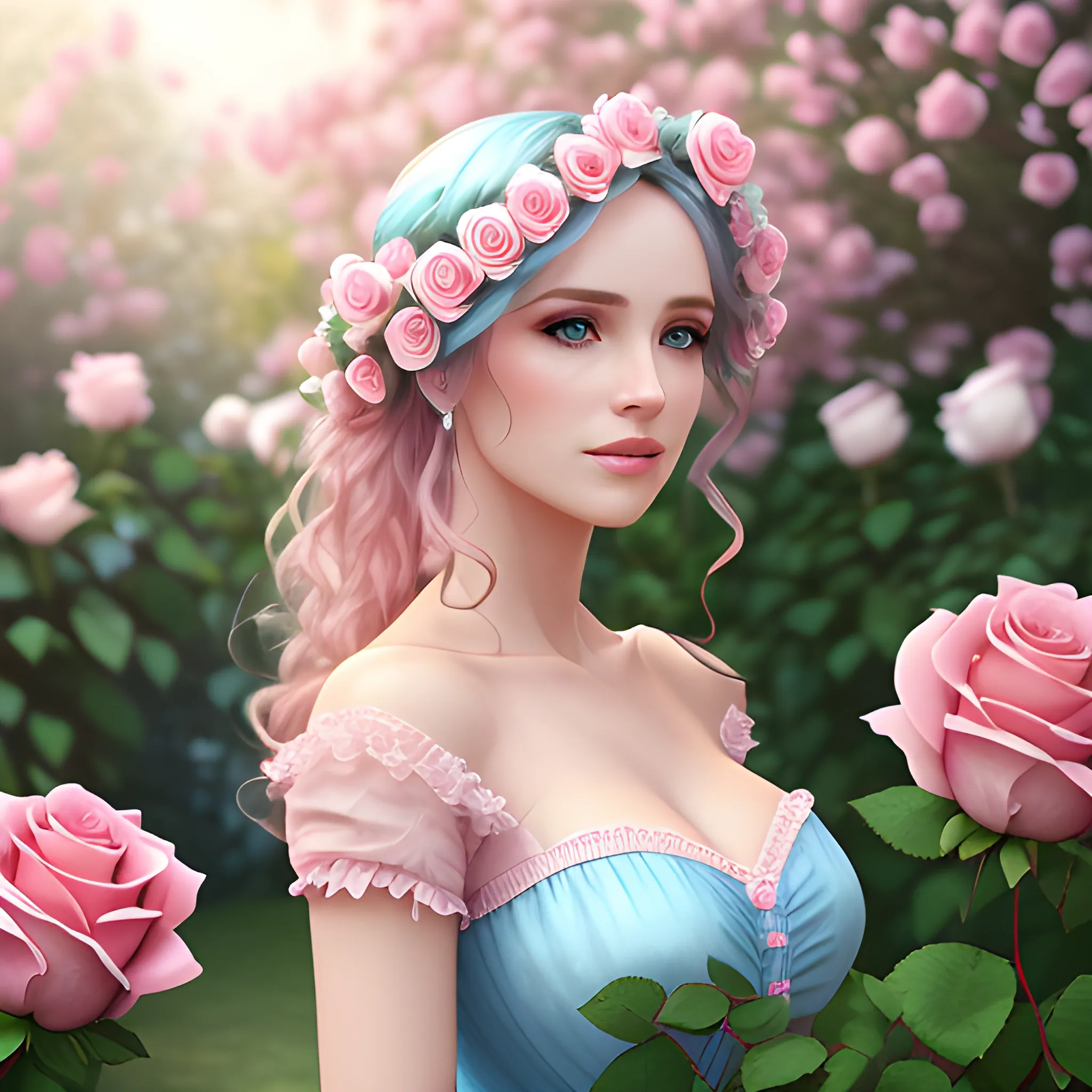 Very beautiful woman, pink roses, in the garden, light blue and pink, romanticism, high detail, 8K resolution, ultra high definition picture, 3D