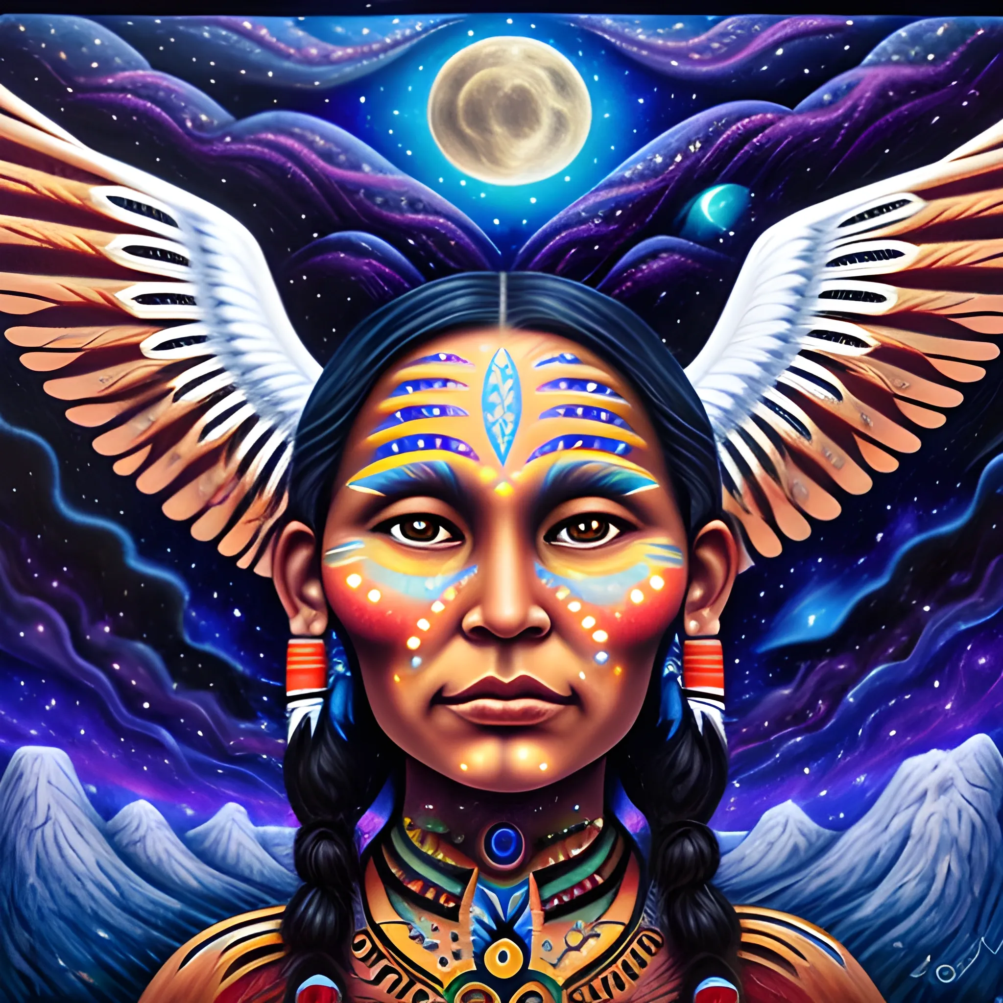 AN INDIGENOUS WOMAN WITH A BEAUTIFUL FACE, WITH WINGS CLIMBING THE FORESTED MOUNTAINS IN A STARRY NIGHT, A HUGE MOON, GALAXIES , Trippy, 3D, Oil Painting, Cartoon