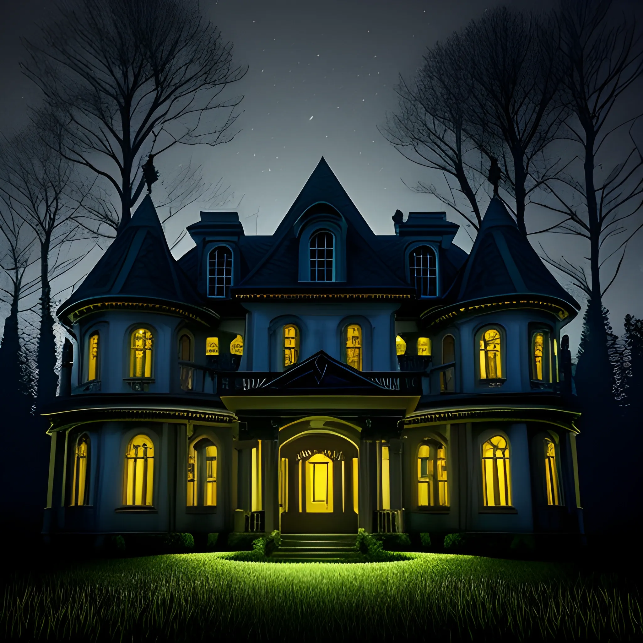 Creepy big mansion in a forest at night with a creepy person on the widow upstairs , Trippy