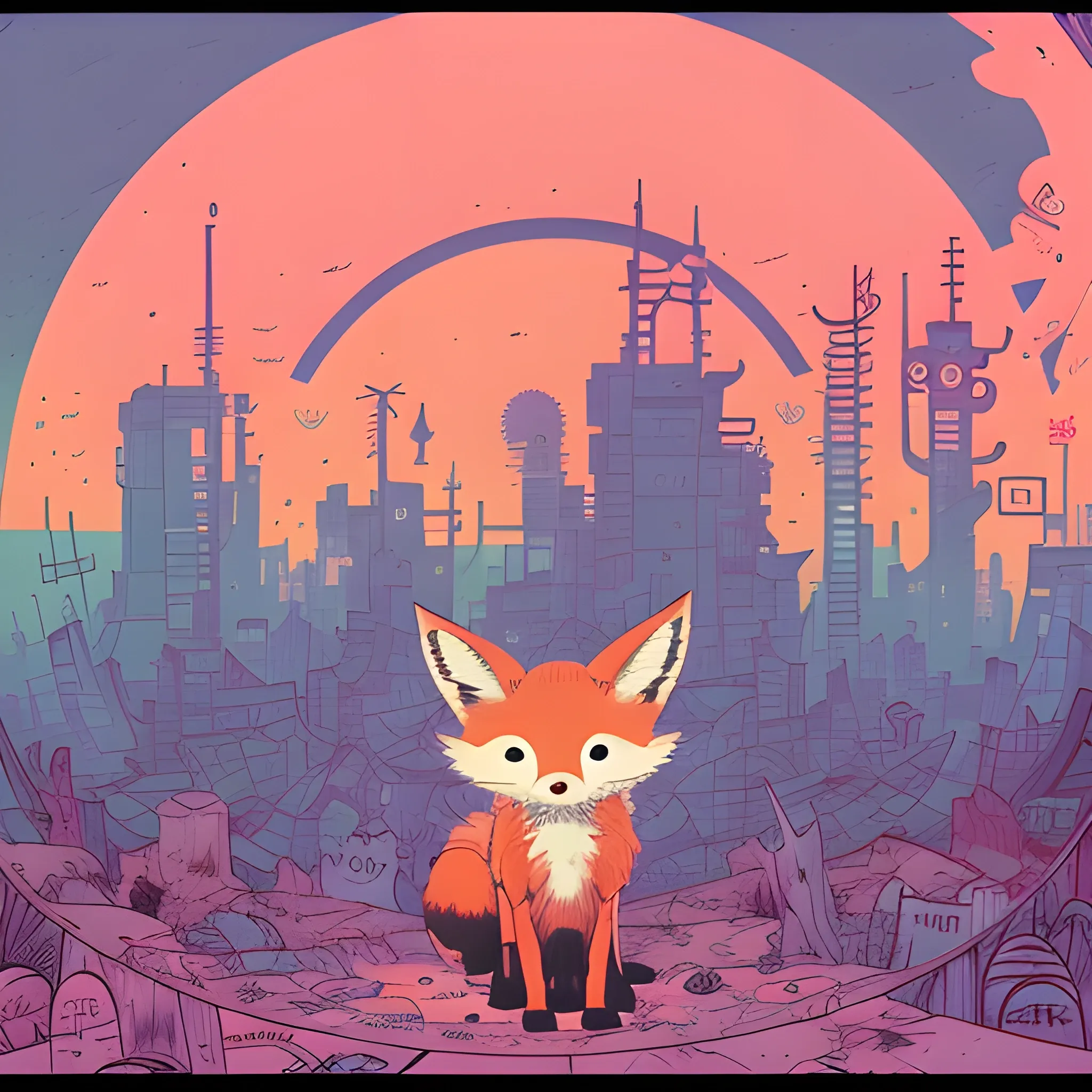 (((by Gary Panter and Loish))), a panorama Looking straight at the camera photo of cute fox, at dawn during summer, (trending on Behance HD), (post-apocalypticpunk), (furry, dystopian), (high quality), (detailed), (masterpiece), (best quality), (highres), (extremely detailed), (8k), (NSFW:0.5), Cartoon