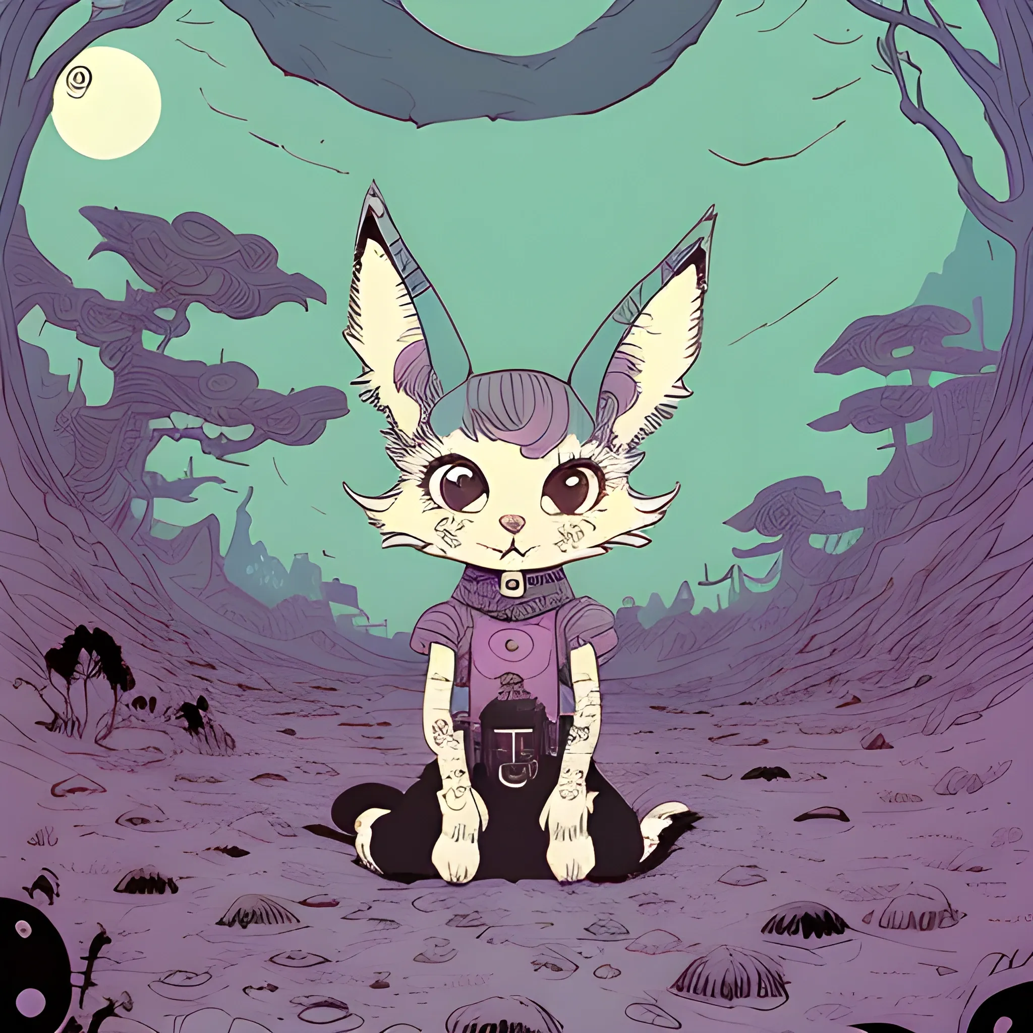 (((by Gary Panter and Loish))), a panorama Looking straight at the camera photo of cute creature with fox-like ears, rabbit like body, at dawn during summer, surrounded by nature, (trending on Behance HD), (post-apocalypticpunk), (furry, dystopian), (high quality), (detailed), (masterpiece), (best quality), (highres), (extremely detailed), (8k), (NSFW:0.5), Cartoon