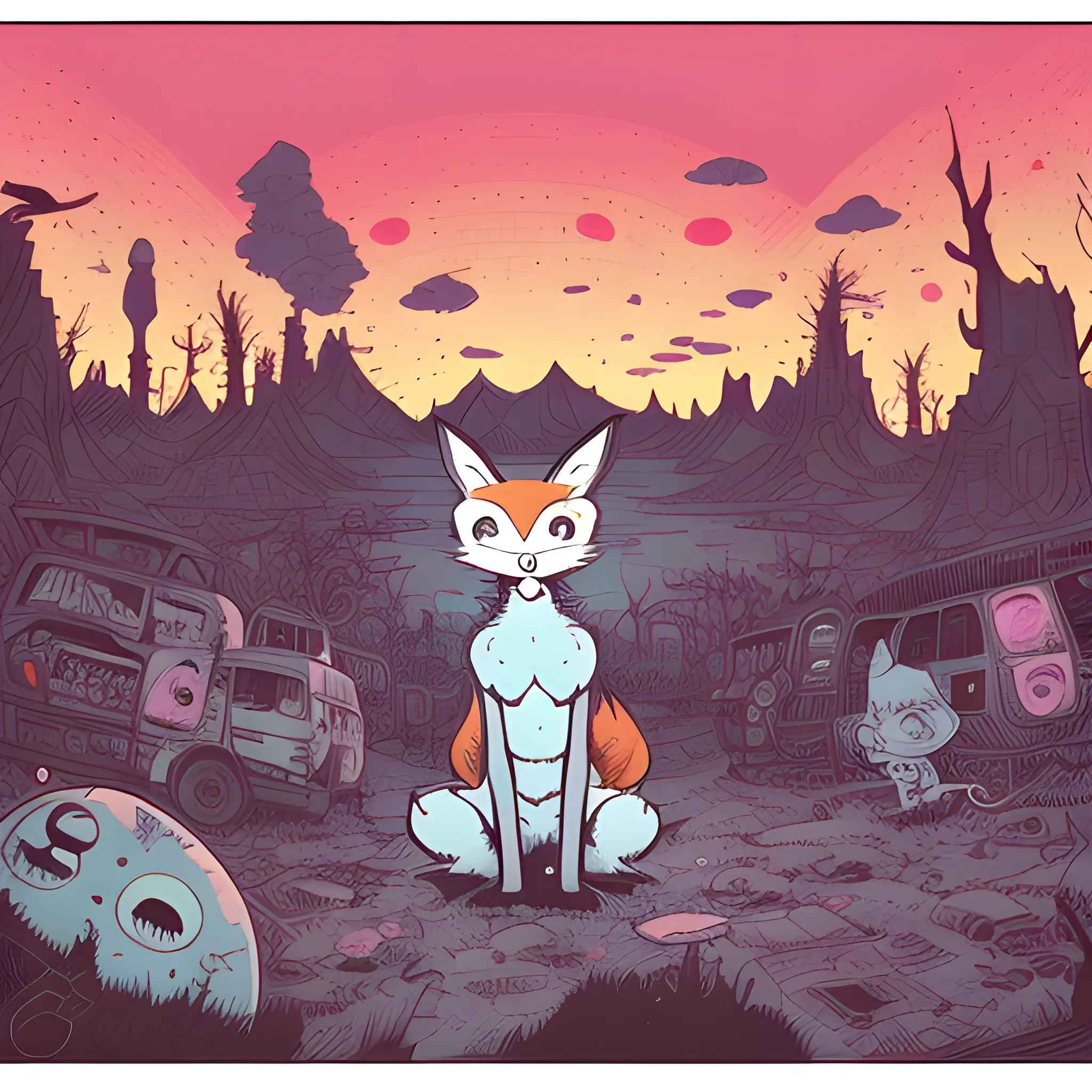 (((by Gary Panter and Loish))), a panorama Looking straight at the camera photo of the back of a cute fox, rabbit like body, at dawn during summer, surrounded by nature, (trending on Behance HD), (post-apocalypticpunk), (furry, dystopian), (high quality), (detailed), (masterpiece), (best quality), (highres), (extremely detailed), (8k), (NSFW:0.5), Cartoon