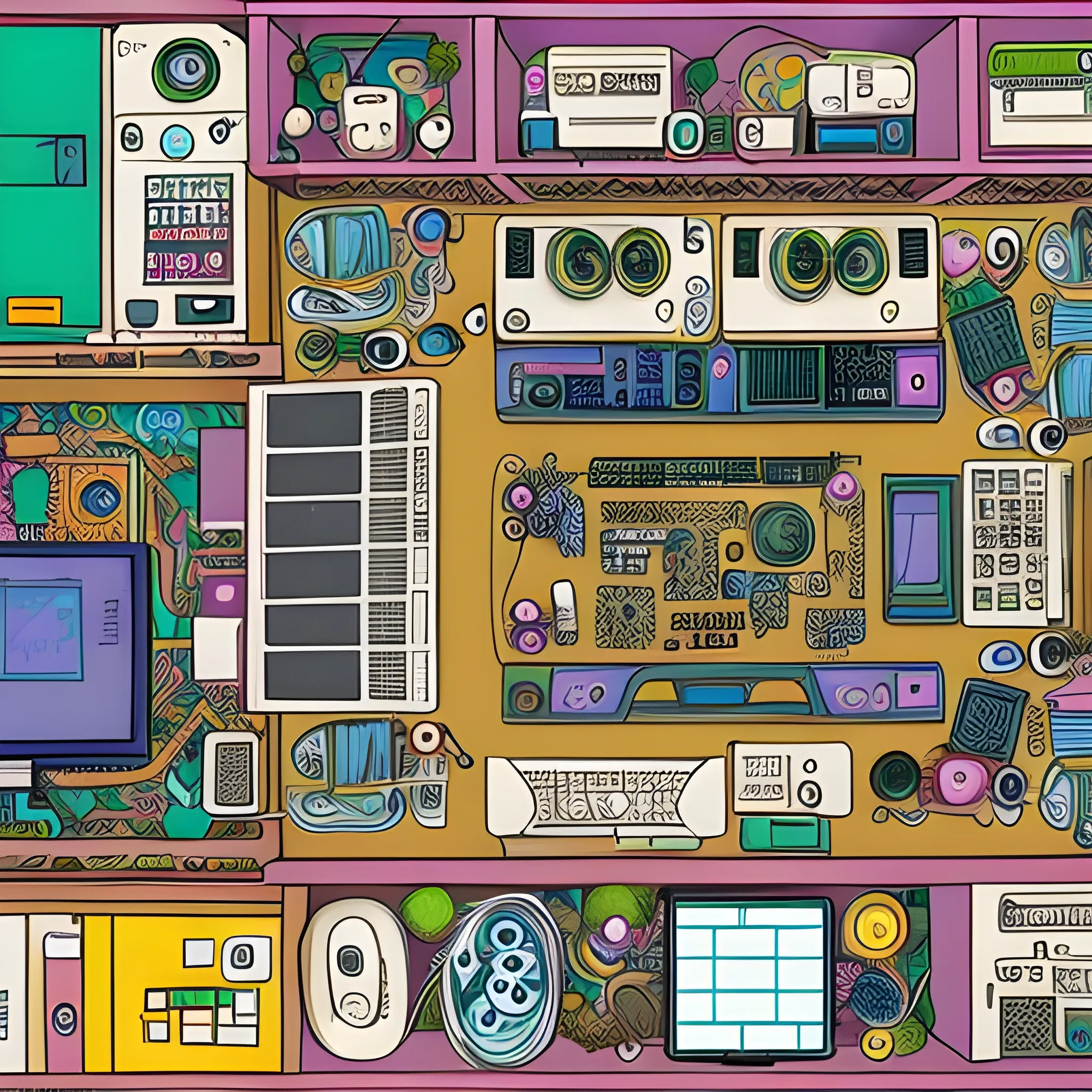 a crowded scene in a computer room, streaming equipment, open plan, top view, by jeff carslile, colorful, intricate, highly detailed, rich colors,  cartoonish, studio ghibli, where's waldo style