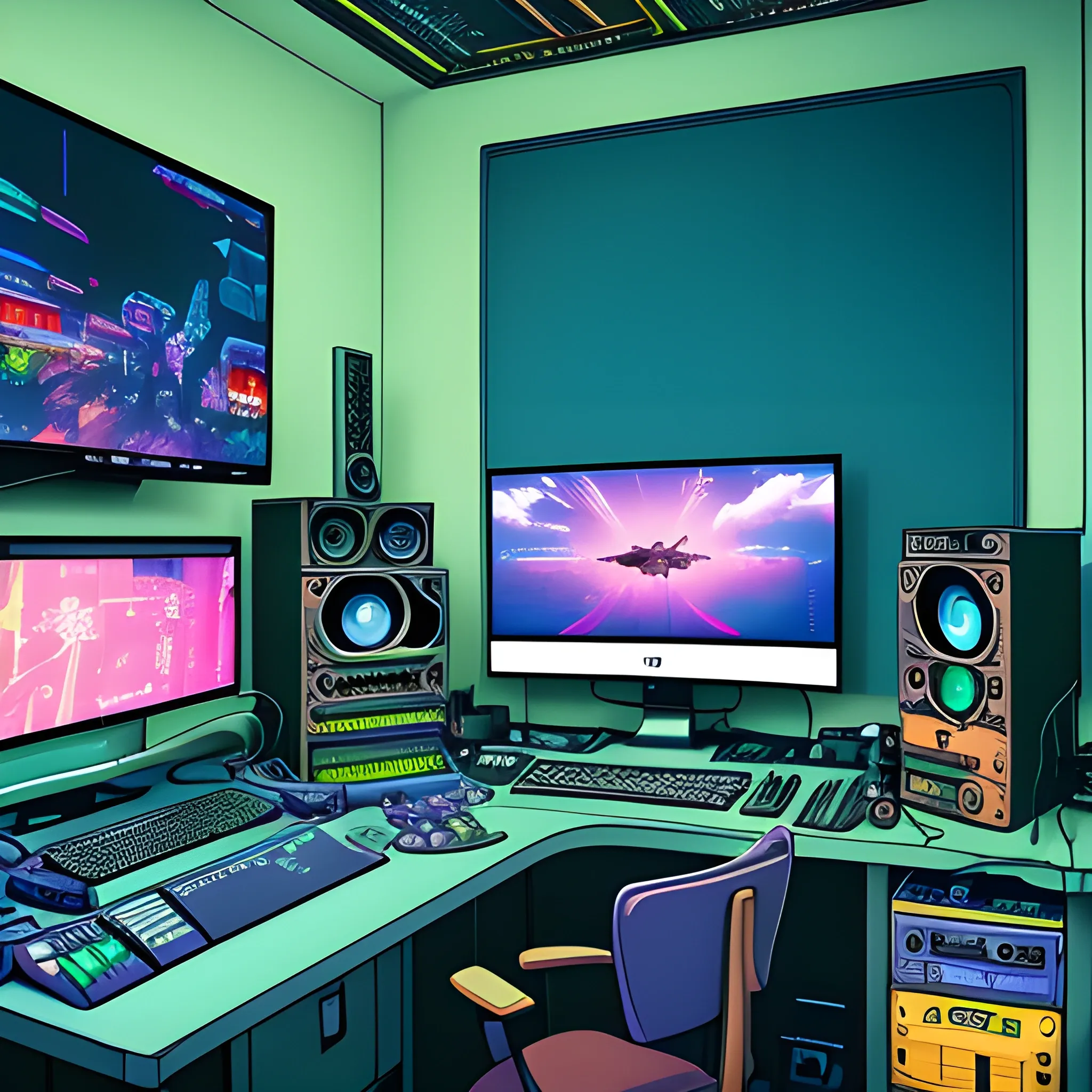 a streamer computer room, streaming equipment, rich colors,  cartoonish, studio ghibli, cyberpunk, (masterpiece), (best quality), (highres)