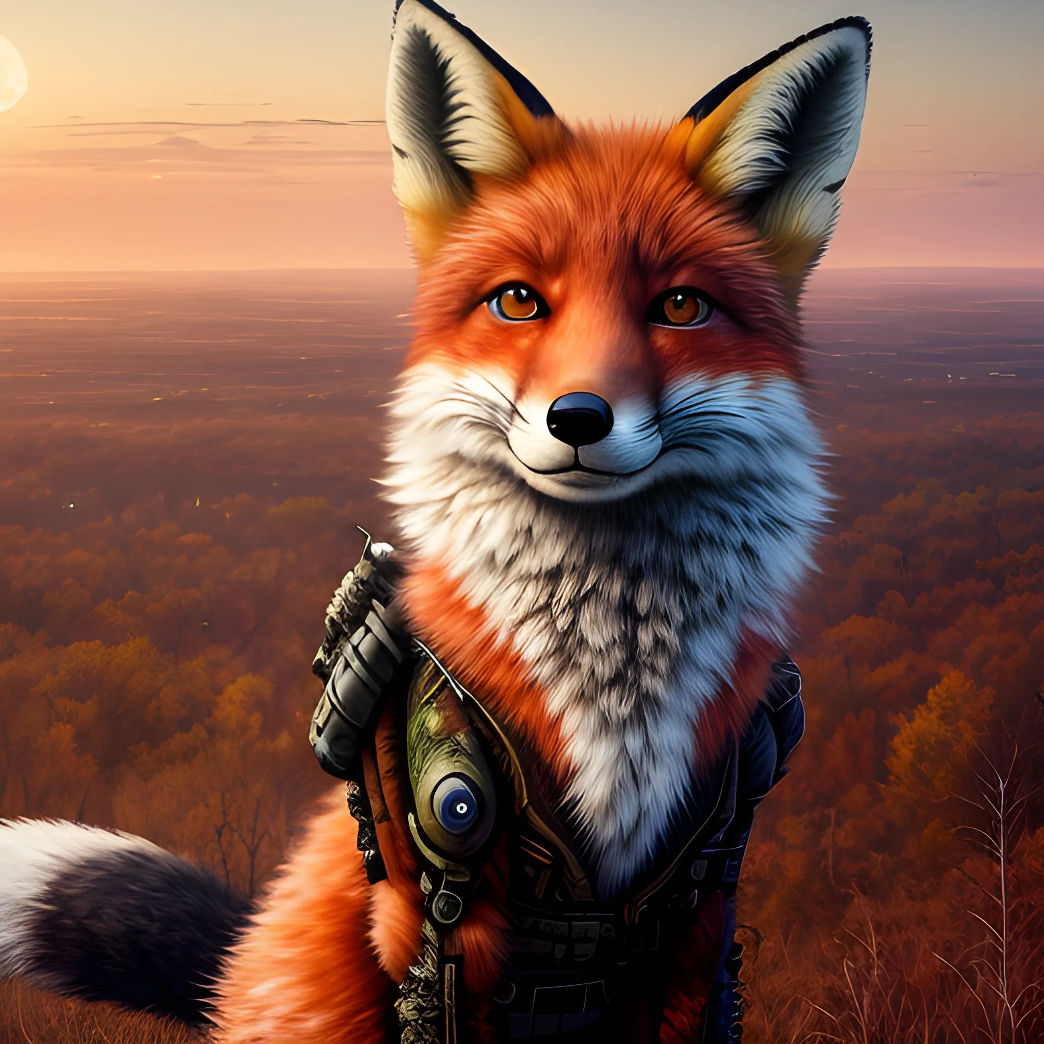 a panorama Looking straight at the camera photo of unrealistic fox, at dawn during autumn, (trending on Behance HD), (post-apocalypticpunk), (furry, dystopian), (high quality), (detailed), (masterpiece), (best quality), (highres), (extremely detailed), (8k), (NSFW:0.5), nature colour,, Cartoon