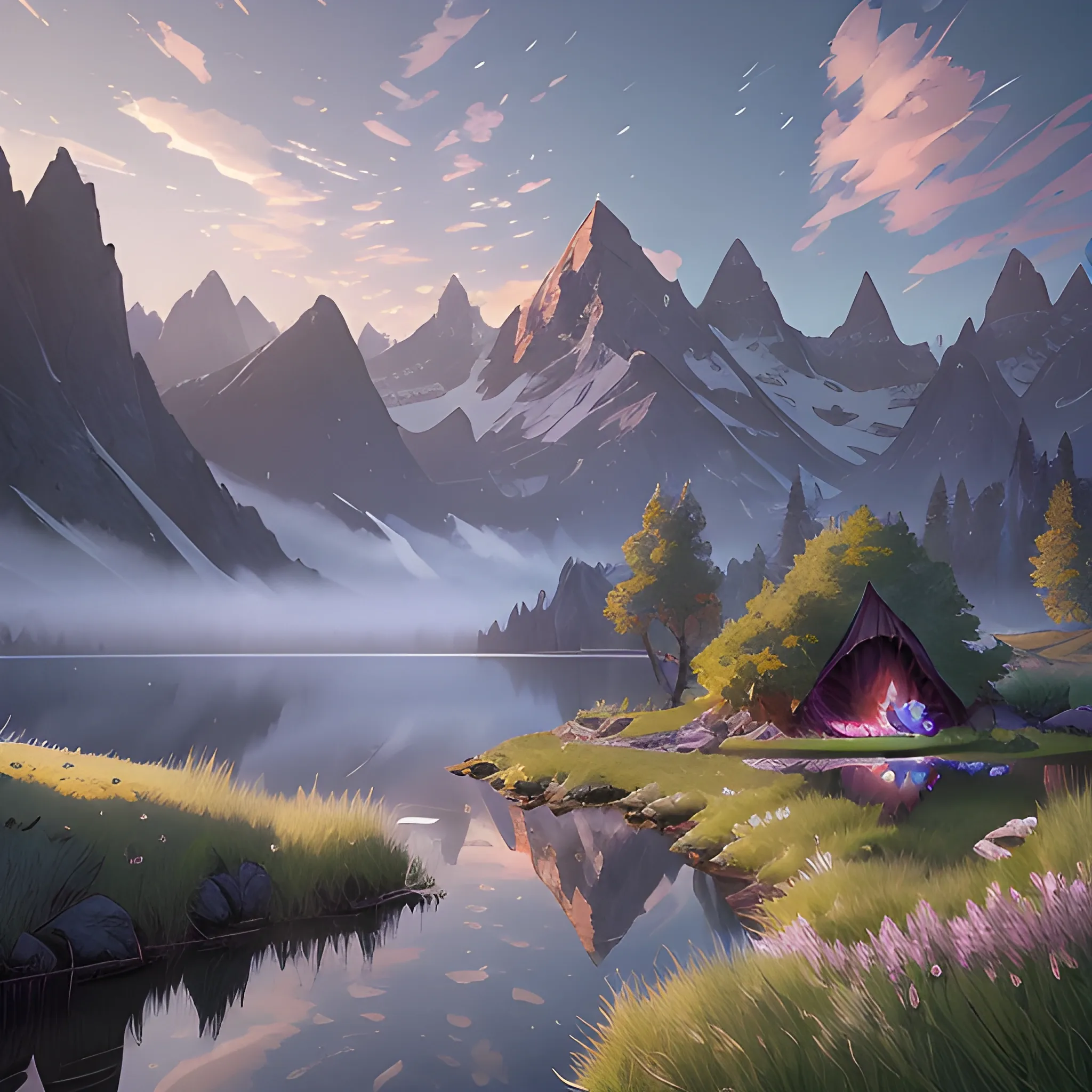 beautiful render of a spring landscape, unreal engine, first light, majestic mountains, blue lake, grass, dramatic clouds, encampment, soft light, by greg rutkowski, cgsociety , Cartoon