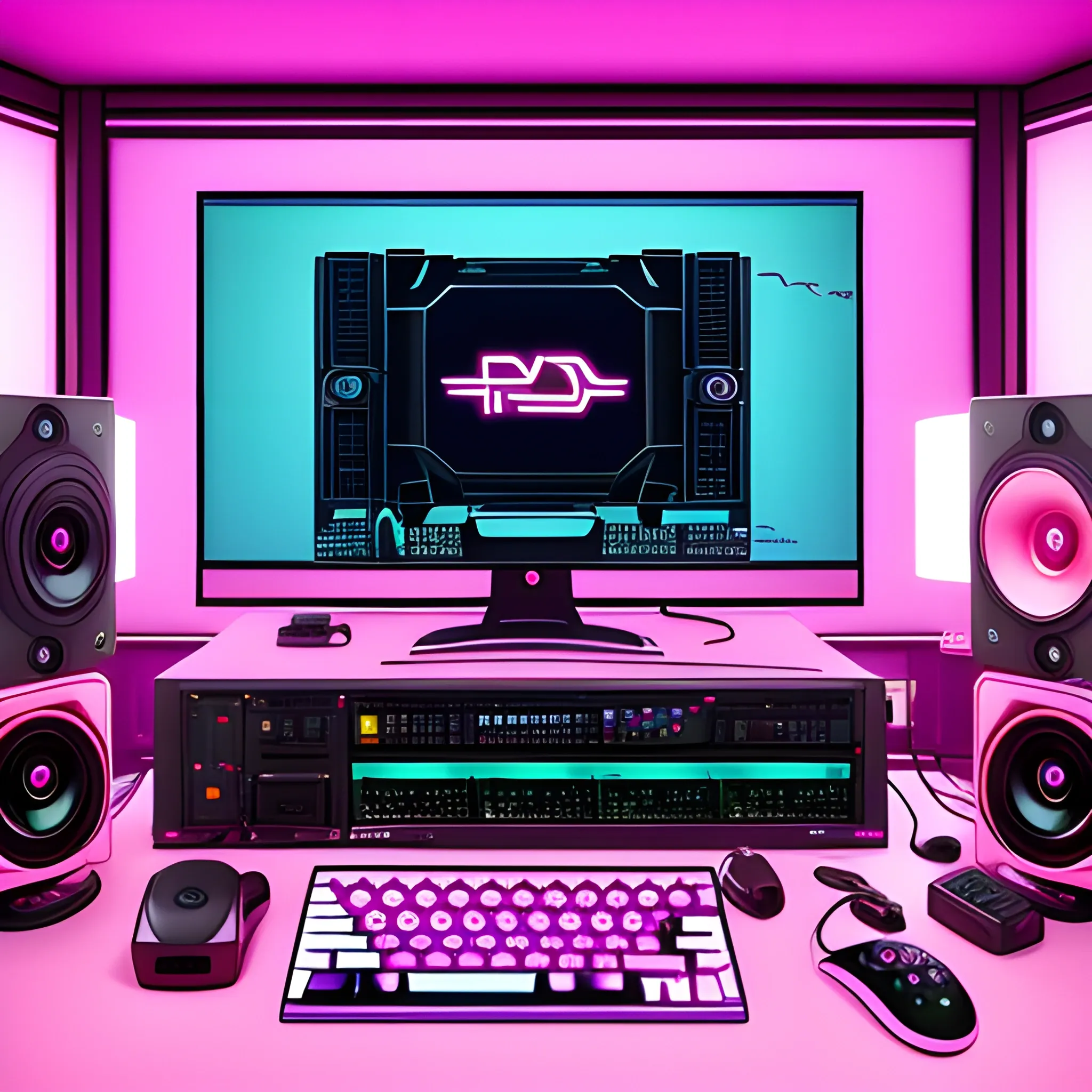 a streamer computer room, streaming equipment, rich colors,  cartoonish, studio ghibli, cyberpunk, (masterpiece), (best quality), (highres), pink colour, girlish, stylish