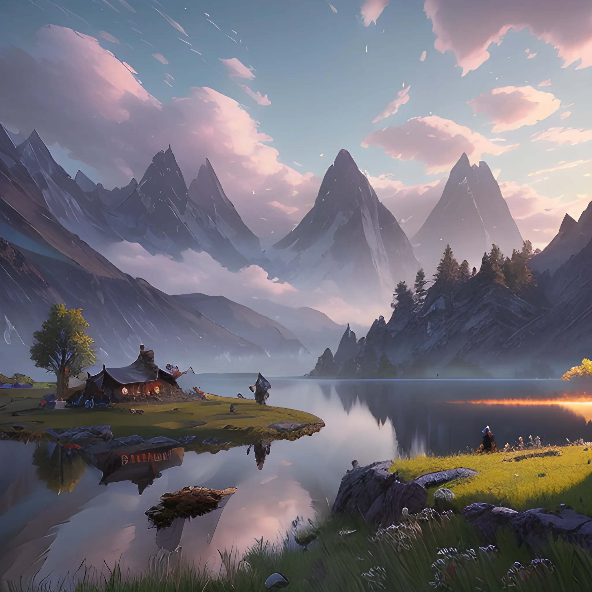 beautiful render of a spring landscape, unreal engine, first light, majestic mountains, blue lake, grass, dramatic clouds, encampment, by greg rutkowski, cgsociety , Cartoon