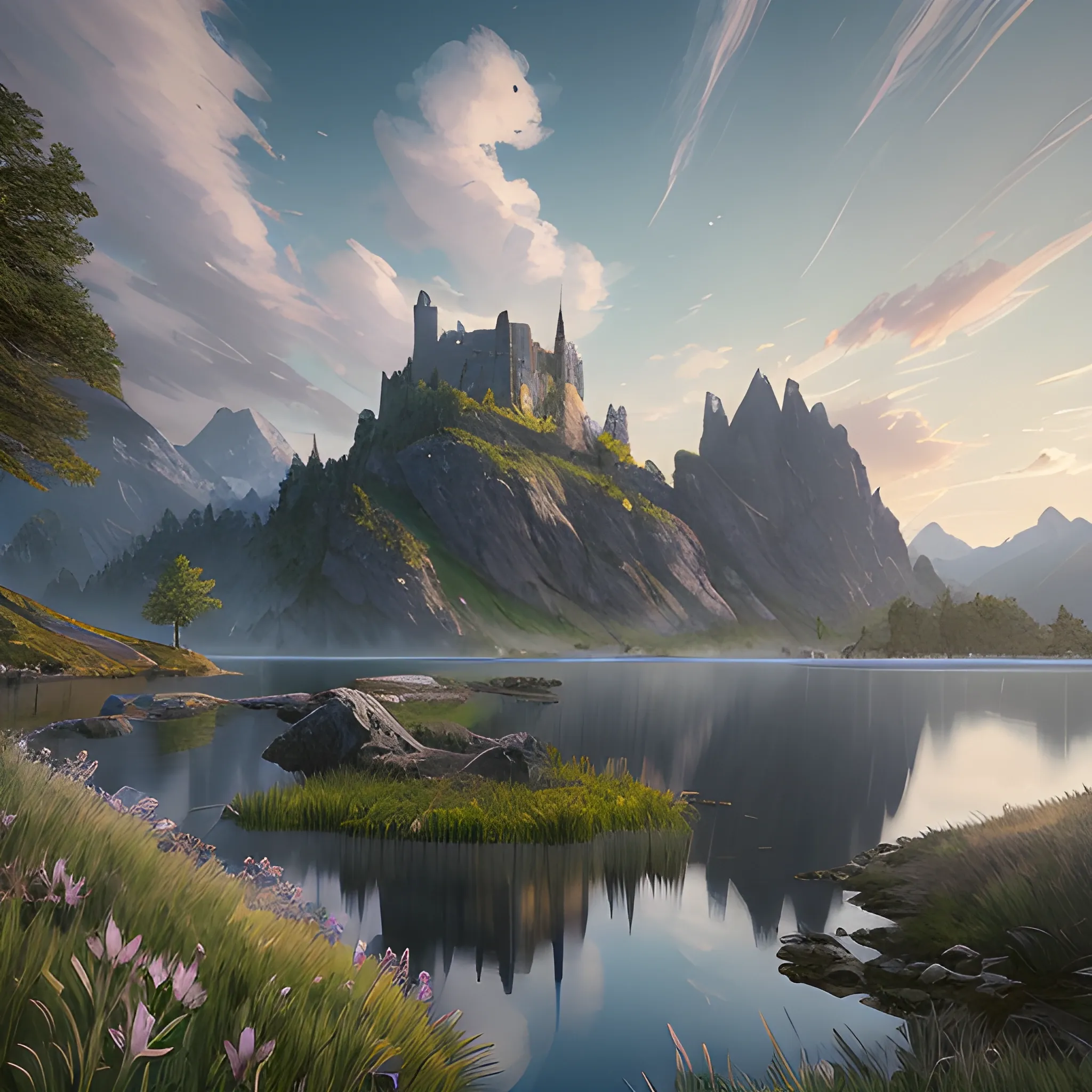 beautiful render of a spring landscape, unreal engine, first light, majestic mountains, blue lake, grass, dramatic clouds, castle, by greg rutkowski, cgsociety , Cartoon