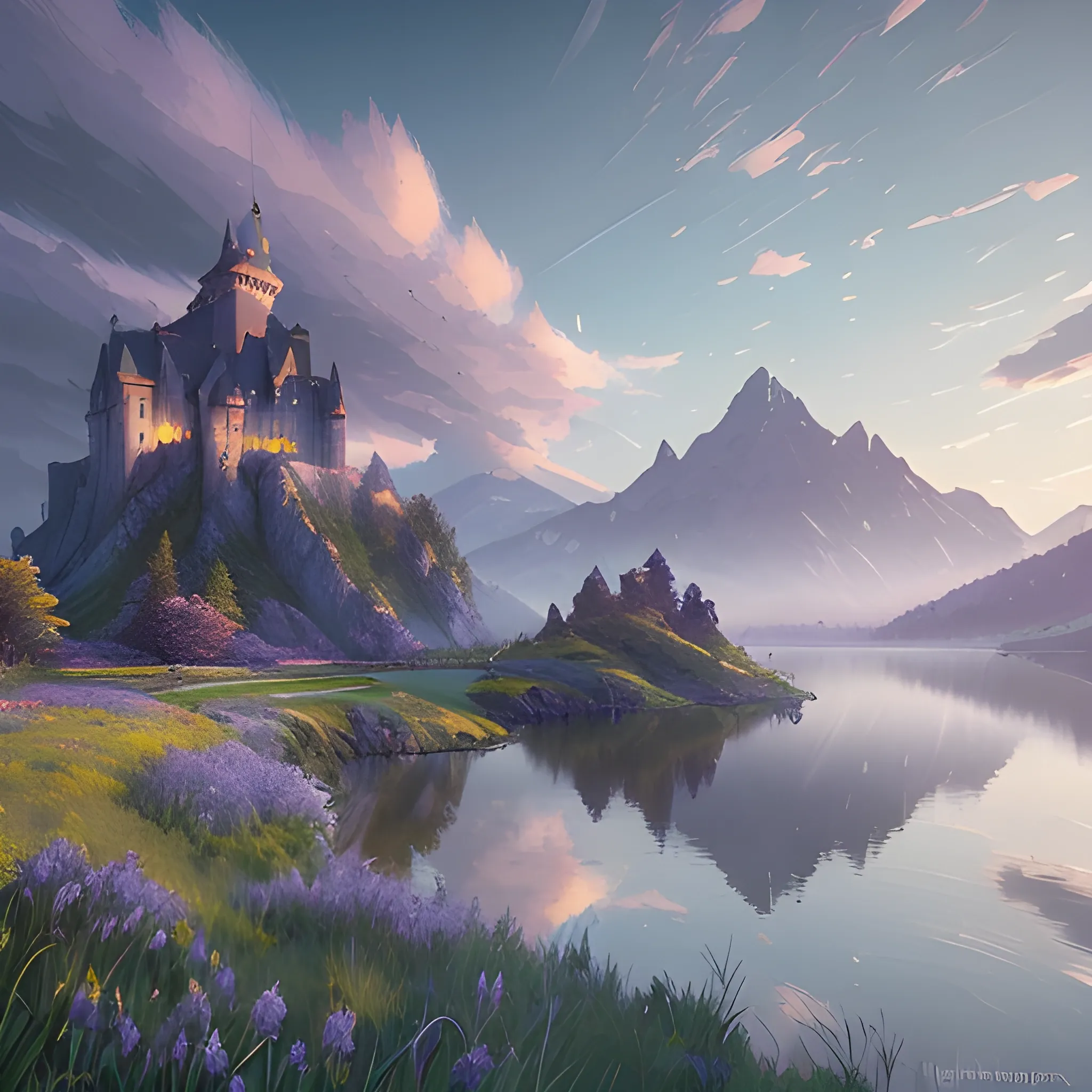 beautiful render of a spring landscape, unreal engine, first light, majestic mountains, blue lake, grass, dramatic clouds, castle, by greg rutkowski, cgsociety , Cartoon, colourful, joyful, peace