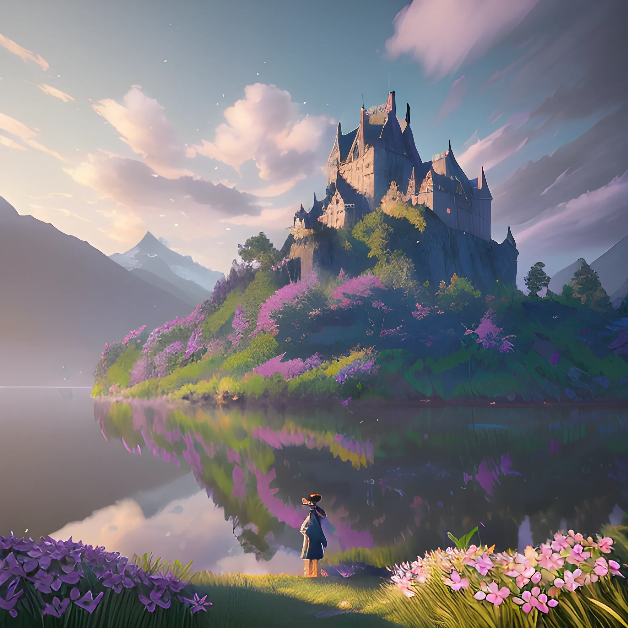 beautiful render of a spring landscape, unreal engine, first light, majestic mountains, blue lake, grass, dramatic clouds, castle, by greg rutkowski, cgsociety , Cartoon, colourful, joyful, peace, Frangipani, flourish, cute creatures