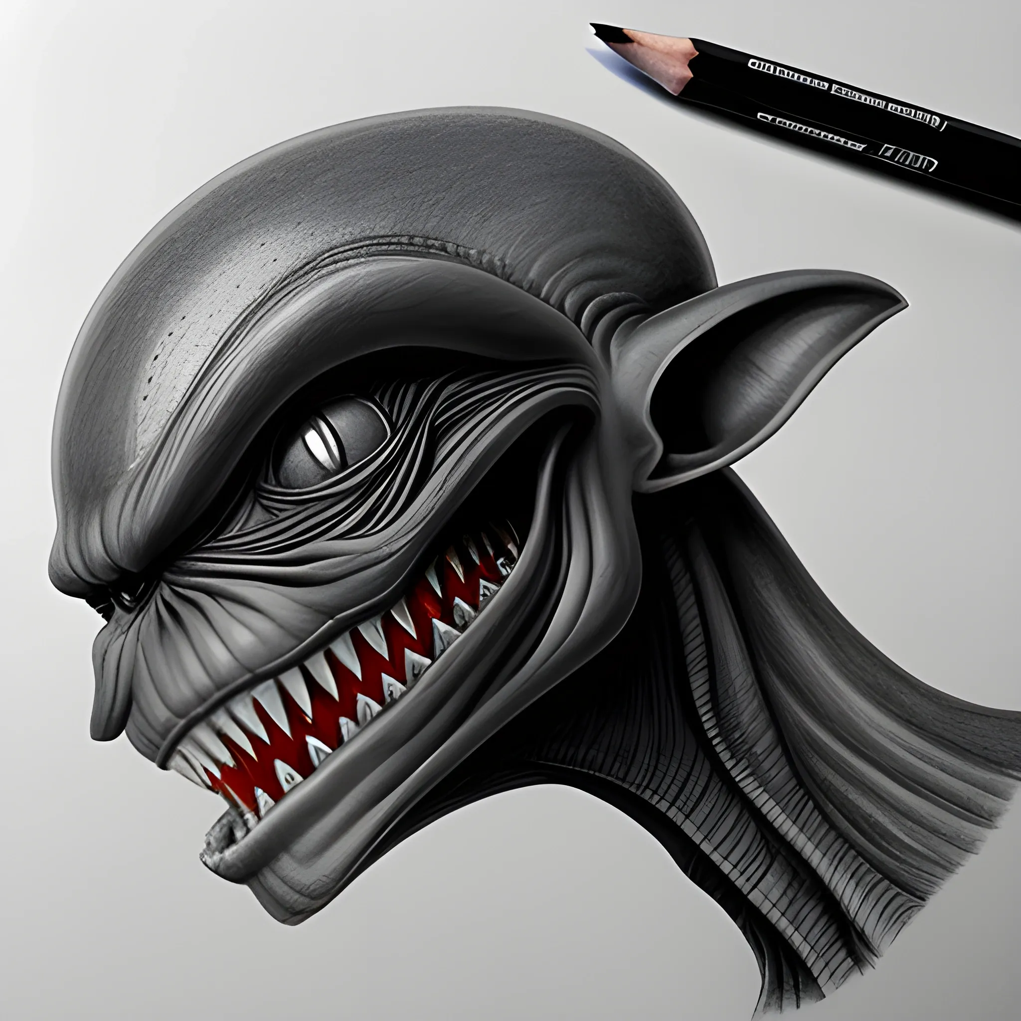 A detailed, dark grey, skinny alien with veins in it's body. Small sharp teeth, Pencil Sketch