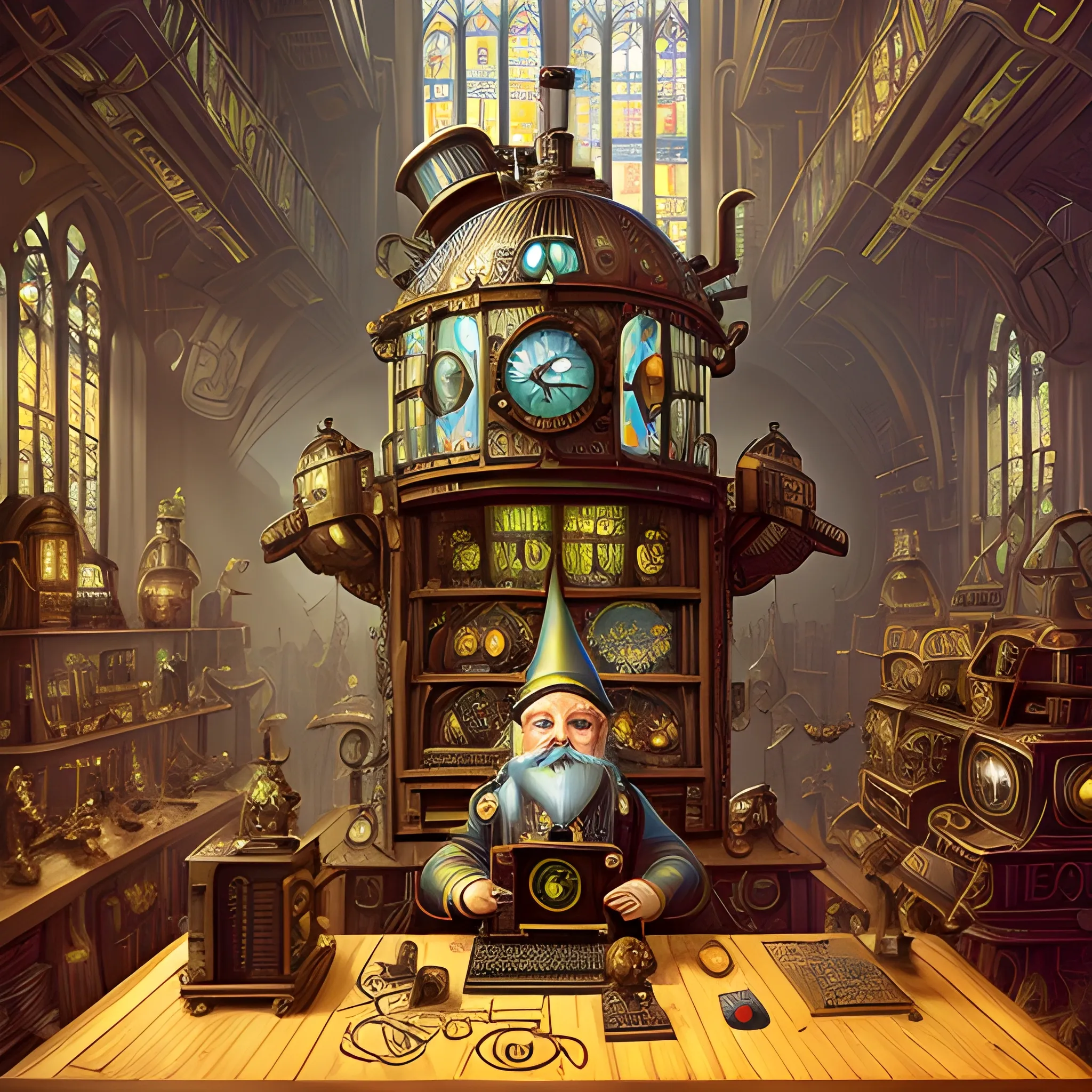 A steampunk-inspired digital illustration of a gnome inventor in ...