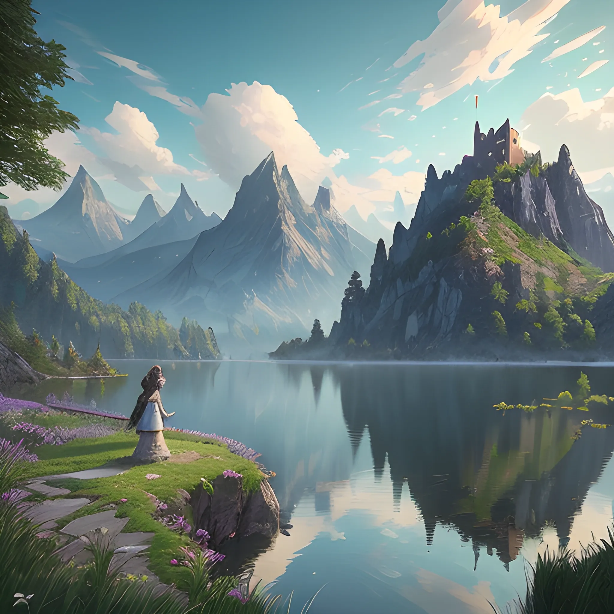 beautiful render of a spring landscape, unreal engine, majestic mountains, blue lake, grass, dramatic clouds, castle, by greg rutkowski, cgsociety , Cartoon, colourful, joyful, peace, cute creature at aside, flourish