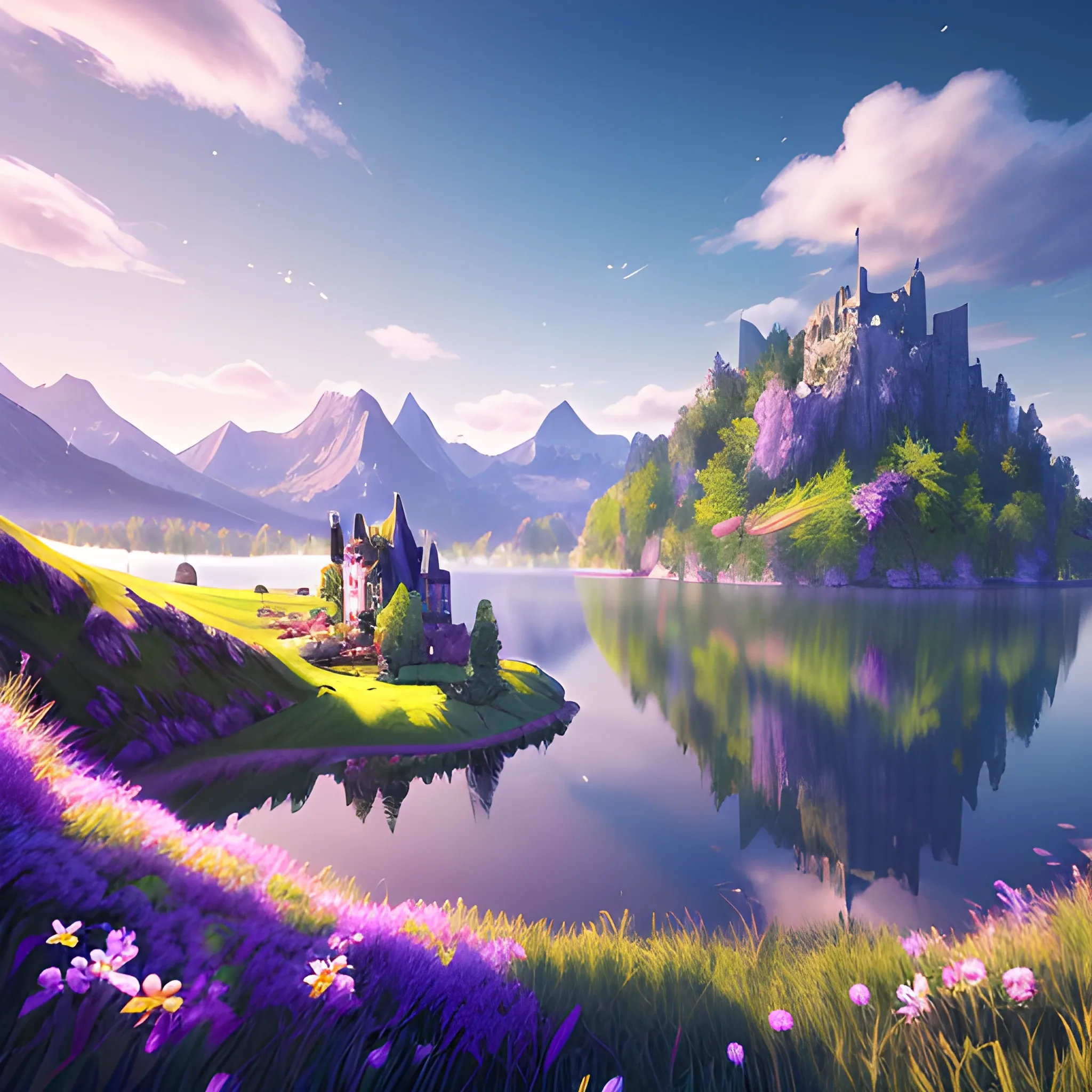 beautiful render of a spring landscape, unreal engine, majestic mountains, blue lake, grass, dramatic clouds, castle, cgsociety , Cartoon, colourful, joyful, peace, cute creature at aside, flourish