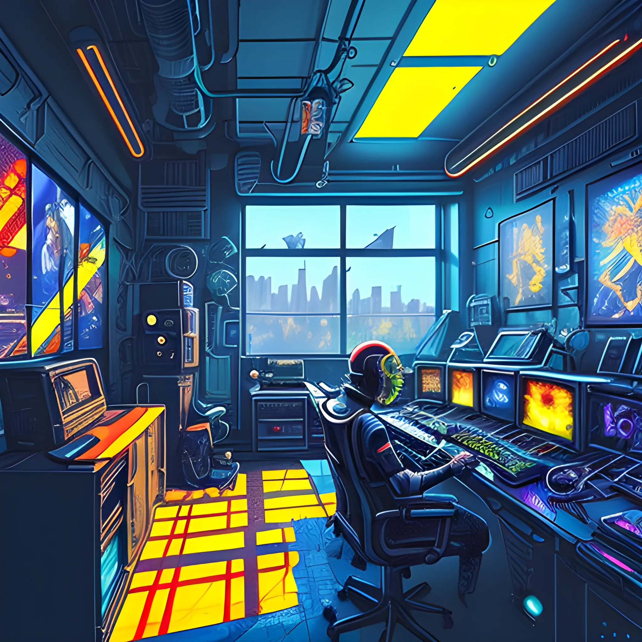 A vtuber inspired digital illustration of a computer room, surrounded by gaming equipment. The camera angle is a medium shot. The lighting is warm and atmospheric, with rays of sunlight streaming through stained glass windows, casting vibrant colors and ((shadows)) across the room. The style combines elements of lo-fi, resembling the works of studio ghibli. The image is detailed and intricate,  of the cyberpunk world. It is a visually stunning artwork that captures the imagination.