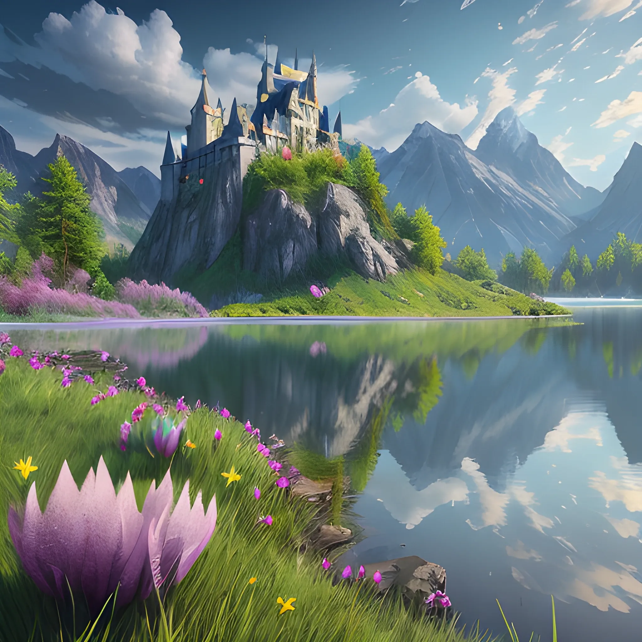 beautiful render of a spring landscape, unreal engine, majestic mountains, blue lake, grass, dramatic clouds, castle, cgsociety , Cartoon, colourful, joyful, peace, cute creature at aside, flourish, , Cartoon