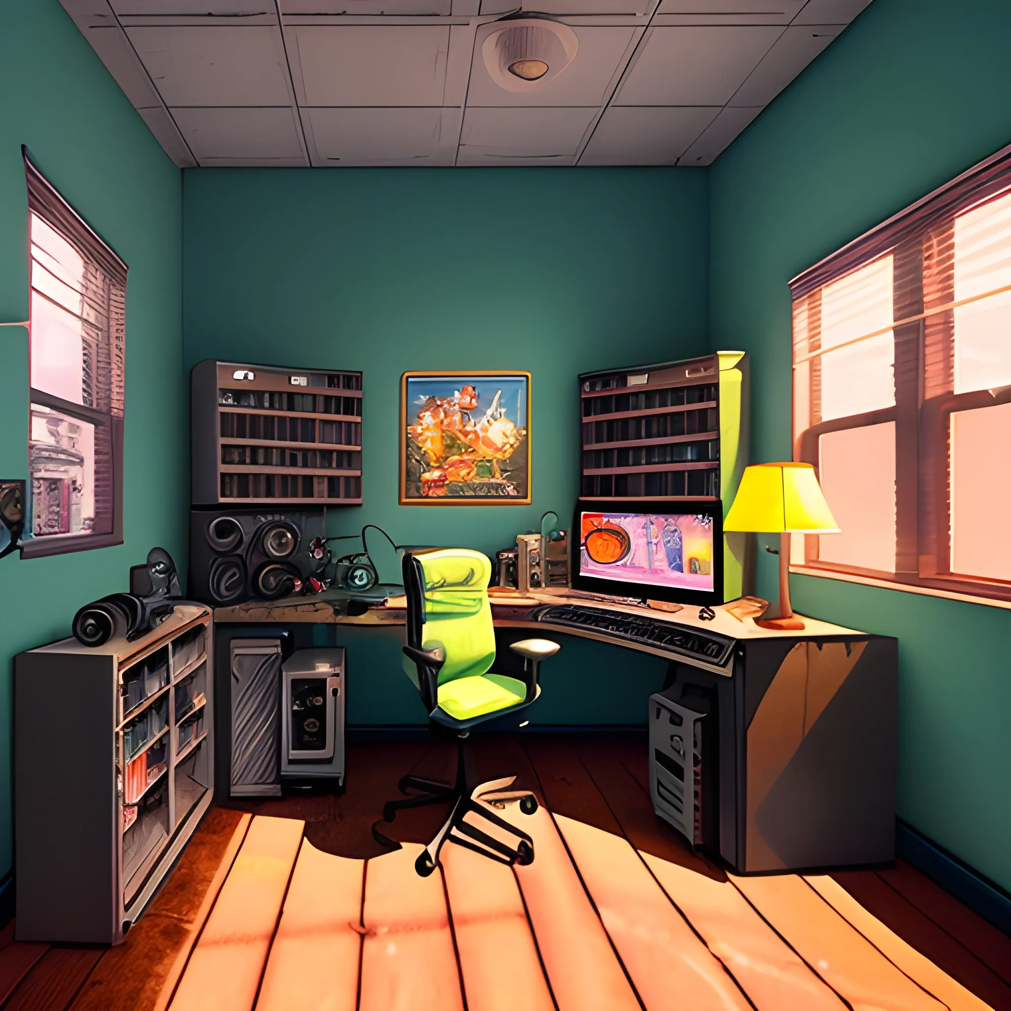 A vtuber inspired digital illustration of a computer room, surrounded by gaming equipment. The lighting is warm and lo-fi, with rays of sunlight streaming through stained glass windows, casting vibrant colors and ((shadows)) across the room. The furniture is cozy style. The style combines elements of lo-fi. The image is detailed and intricate. It is a visually stunning artwork that captures the imagination.