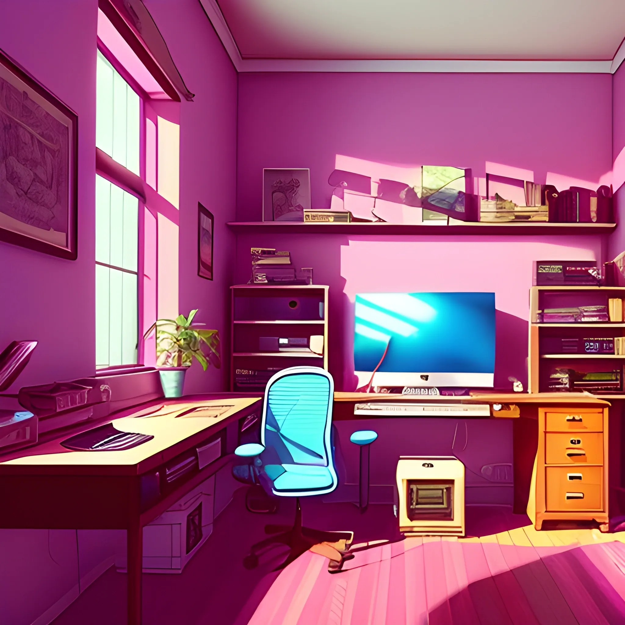 A vtuber inspired digital illustration of a computer room, surrounded by gaming equipment. The lighting is warm and lo-fi, with rays of sunlight streaming through stained glass windows, casting vibrant colors and ((shadows)) across the room. The furniture is cozy style. The style combines elements of lo-fi. The image is detailed and intricate. It is a visually stunning artwork that captures the imagination. Pink rose colour, 
Wide-angle