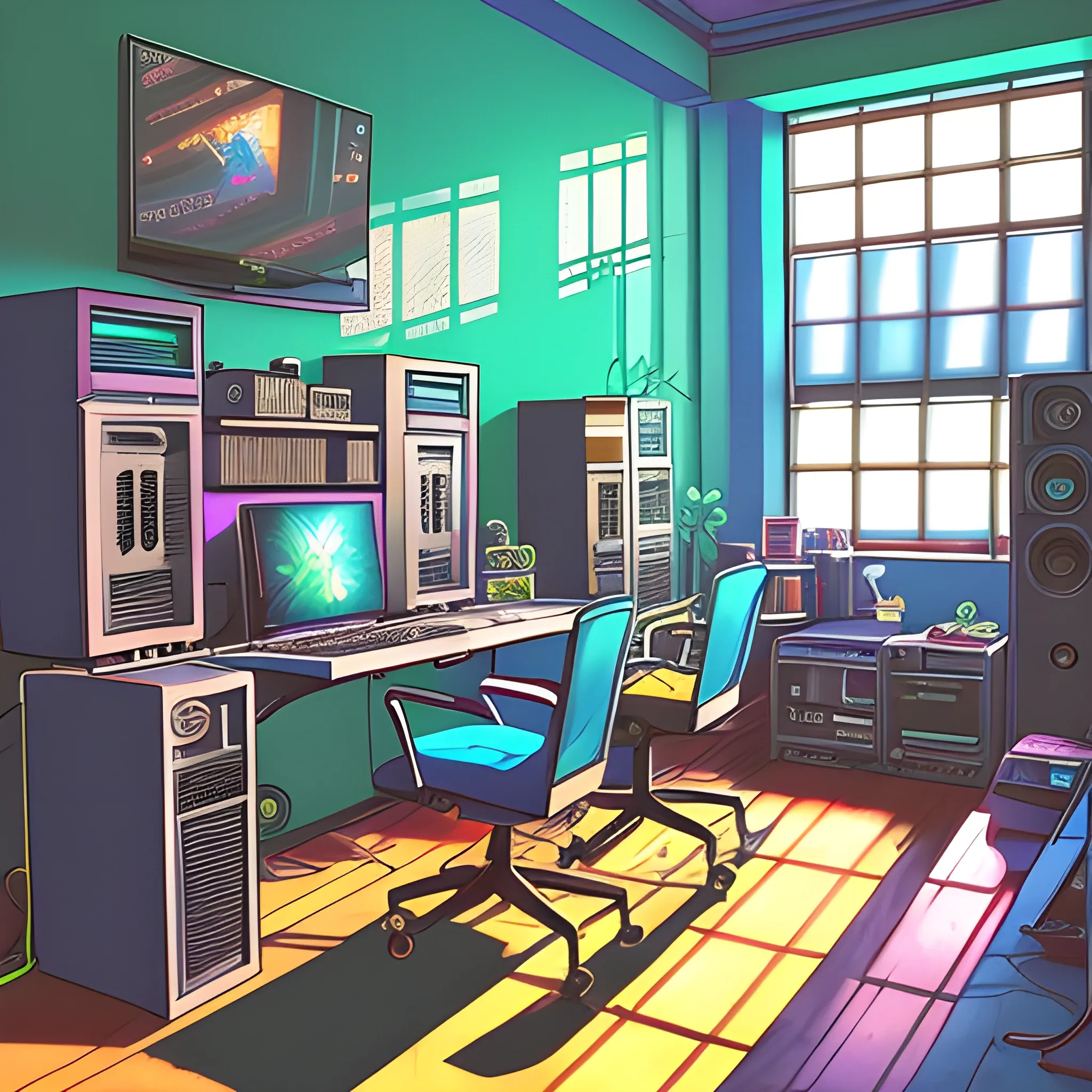 A vtuber inspired digital illustration of a computer room, surro ...