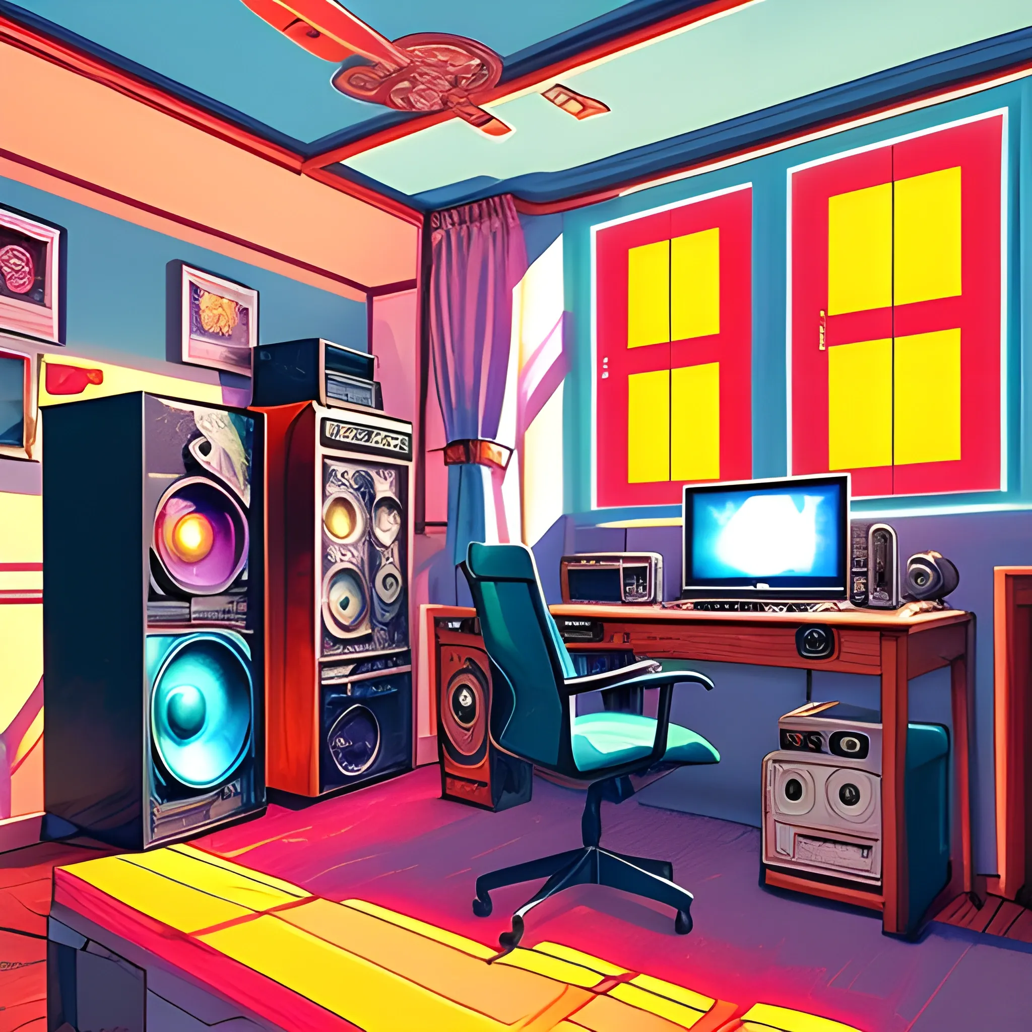 A vtuber inspired digital illustration of a computer room, surrounded by gaming equipment. The lighting is warm and lo-fi, with rays of sunlight streaming through stained glass windows, casting vibrant colors and ((shadows)) across the room. The furniture is cozy style. The style combines elements of lo-fi. The image is detailed and intricate. It is a visually stunning artwork that captures the imagination. analogous colour 
Wide-angle