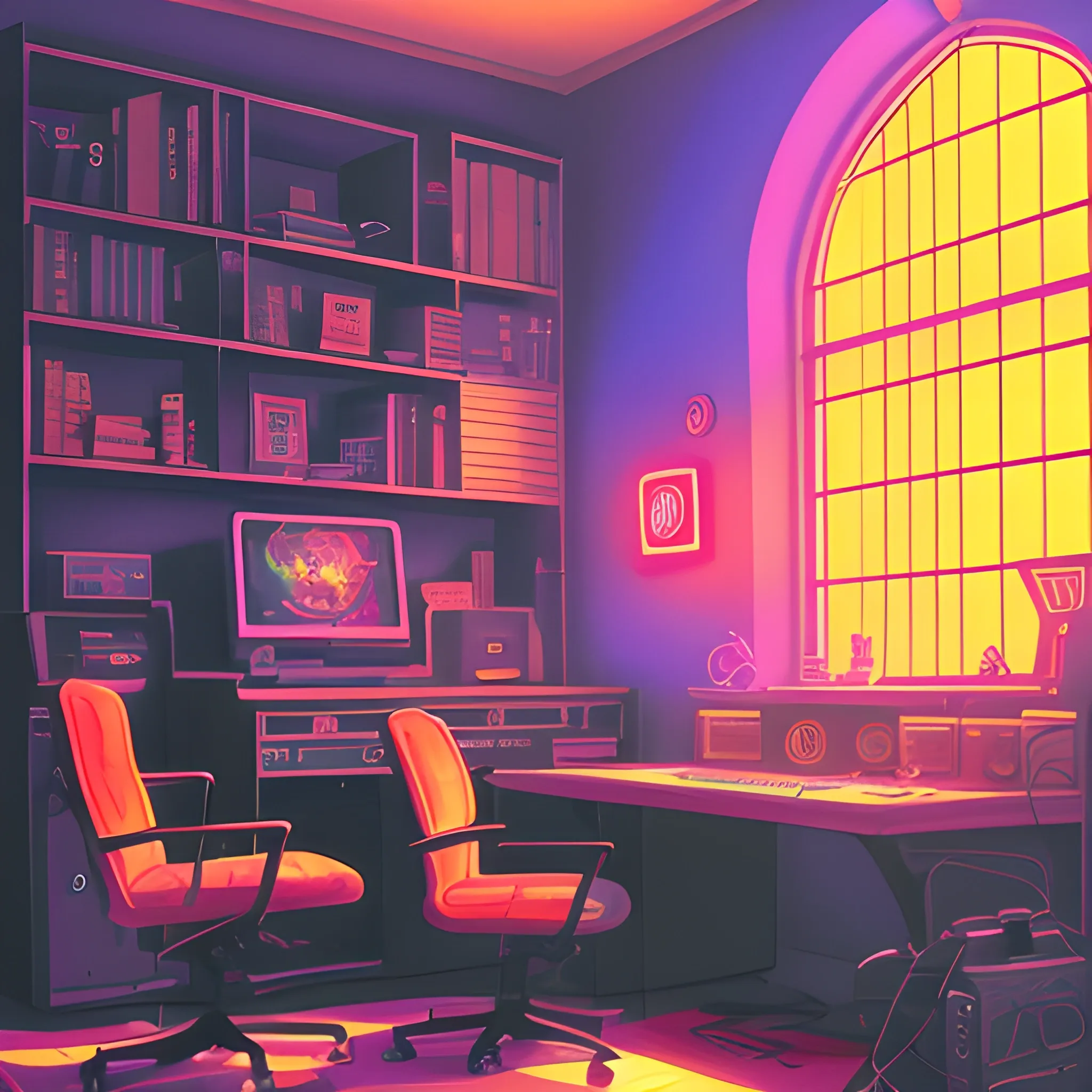  A vtuber inspired digital illustration of a computer room, surrounded by gaming equipment. The lighting is warm and lo-fi, with rays of sunlight streaming through stained glass windows, casting vibrant colors and ((shadows)) across the room. The furniture is cozy style. The style combines elements of lo-fi. The image is detailed and intricate. It is a visually stunning artwork that captures the imagination. analogous color 
Wide-angle, fantasy color