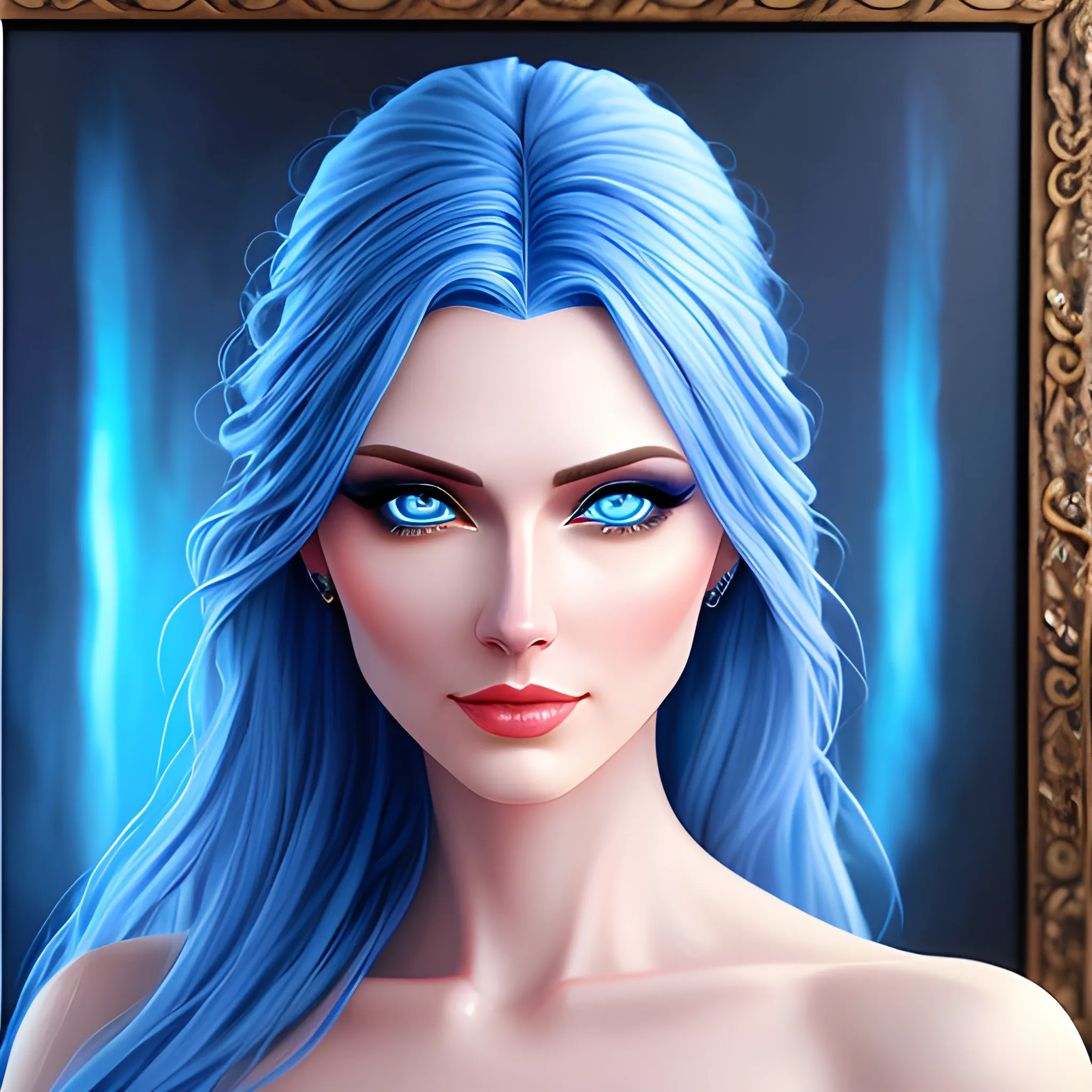 Beautiful girl with blue eyes, high detail, blue scene, hauntingly beautiful illustration, Oil Painting, 3D