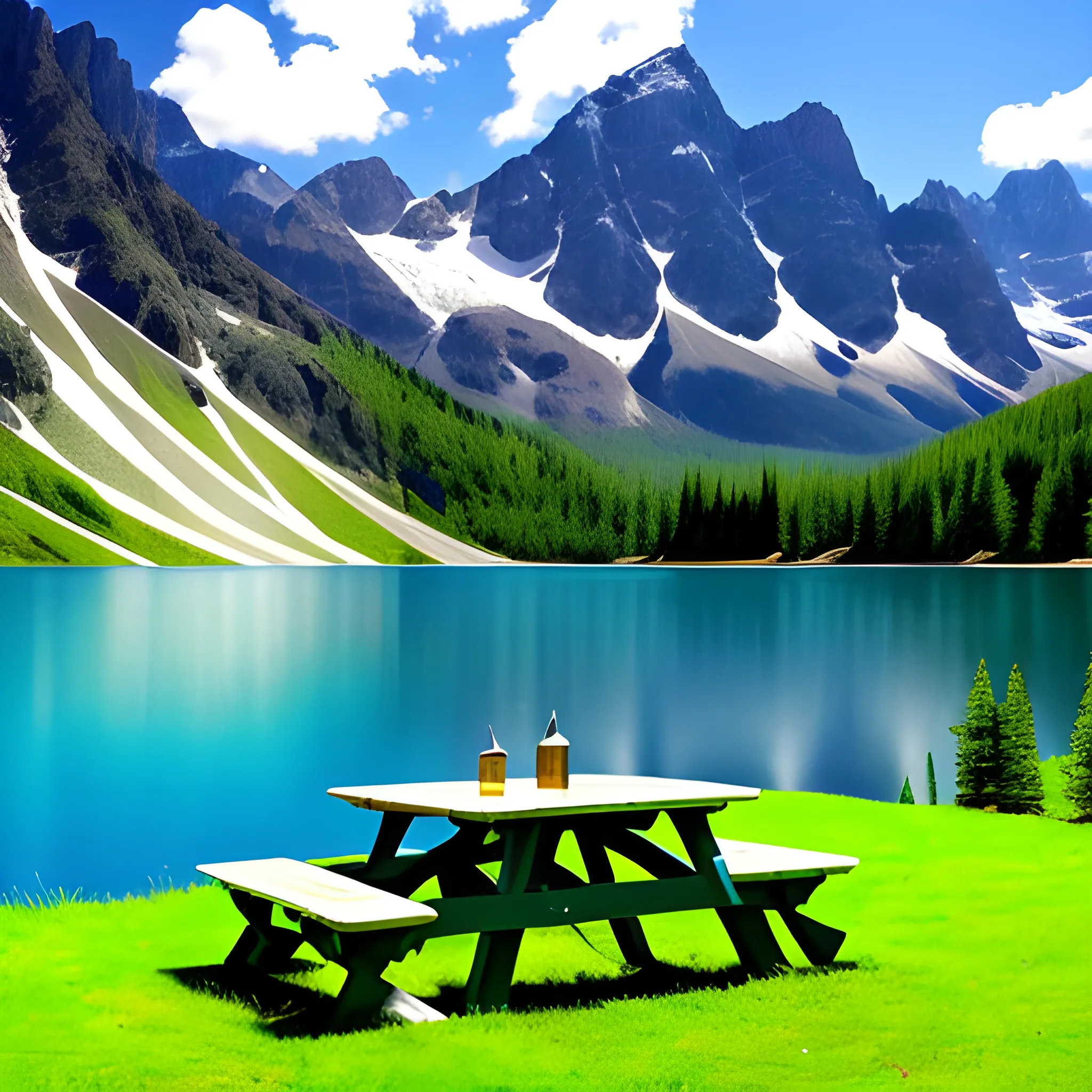 Mountains, blue lake, picnic table, green field 