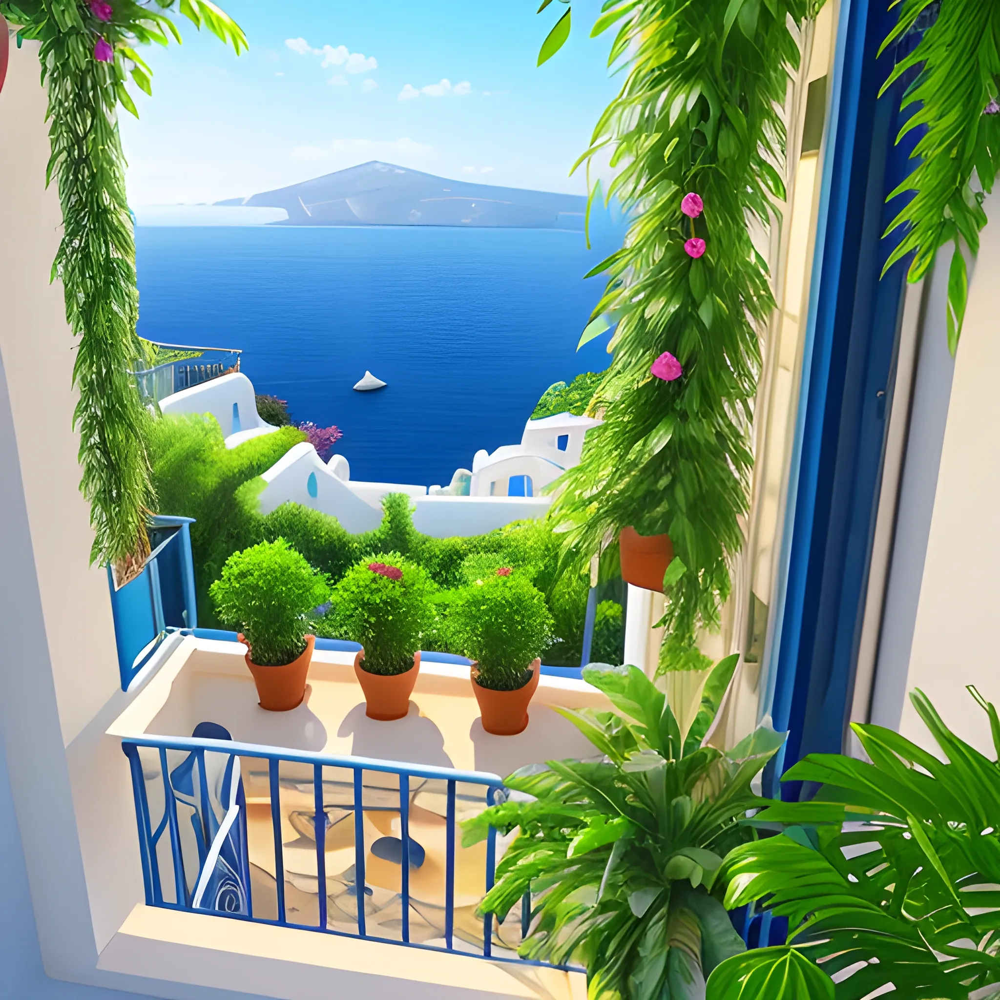 View from a greek balcony, lush greenery, hanging plants, blue ocean view, hyperrealistic, 8K, HD