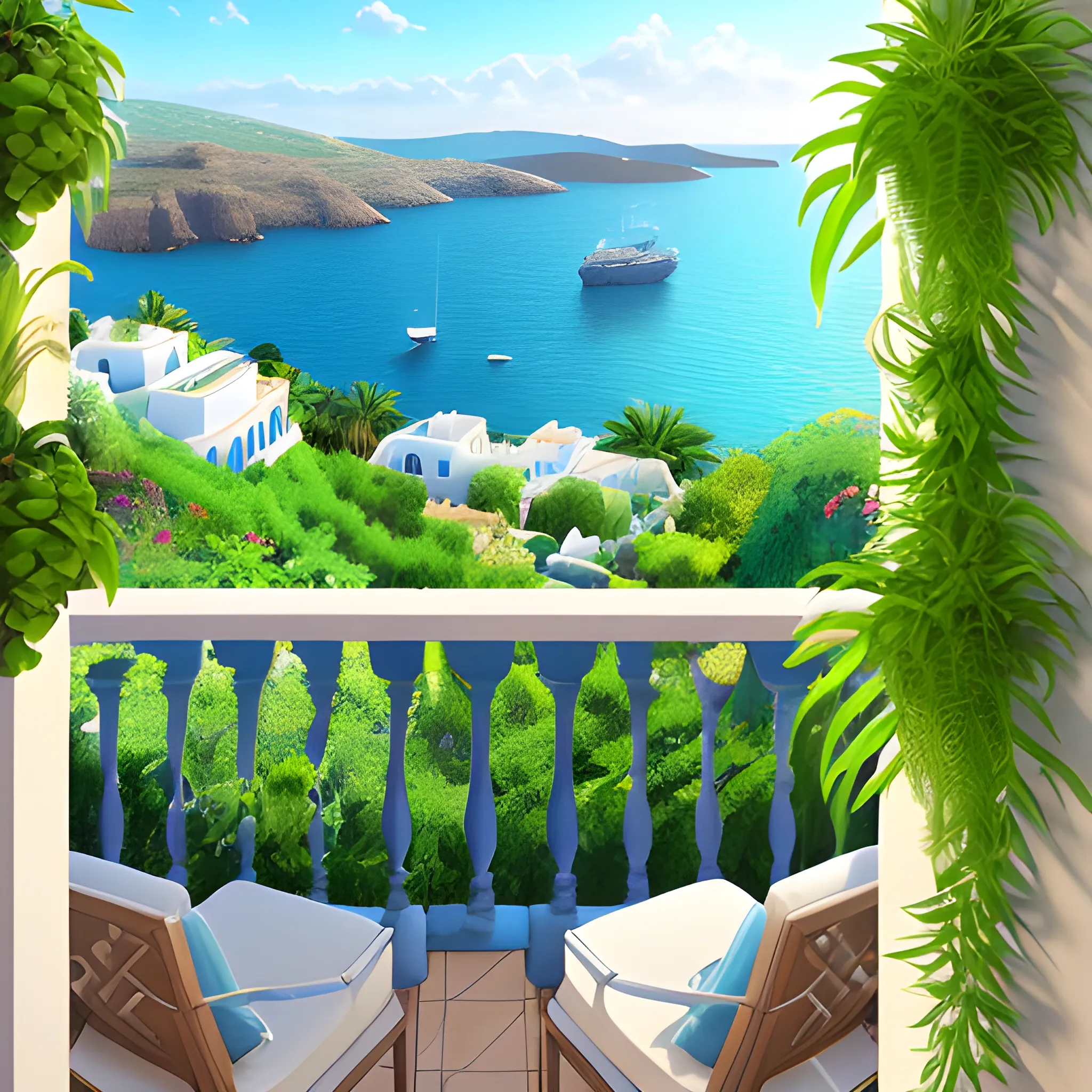 View from a greek balcony, lush greenery, hanging plants, blue ocean view, hyperrealistic, 8K, HD