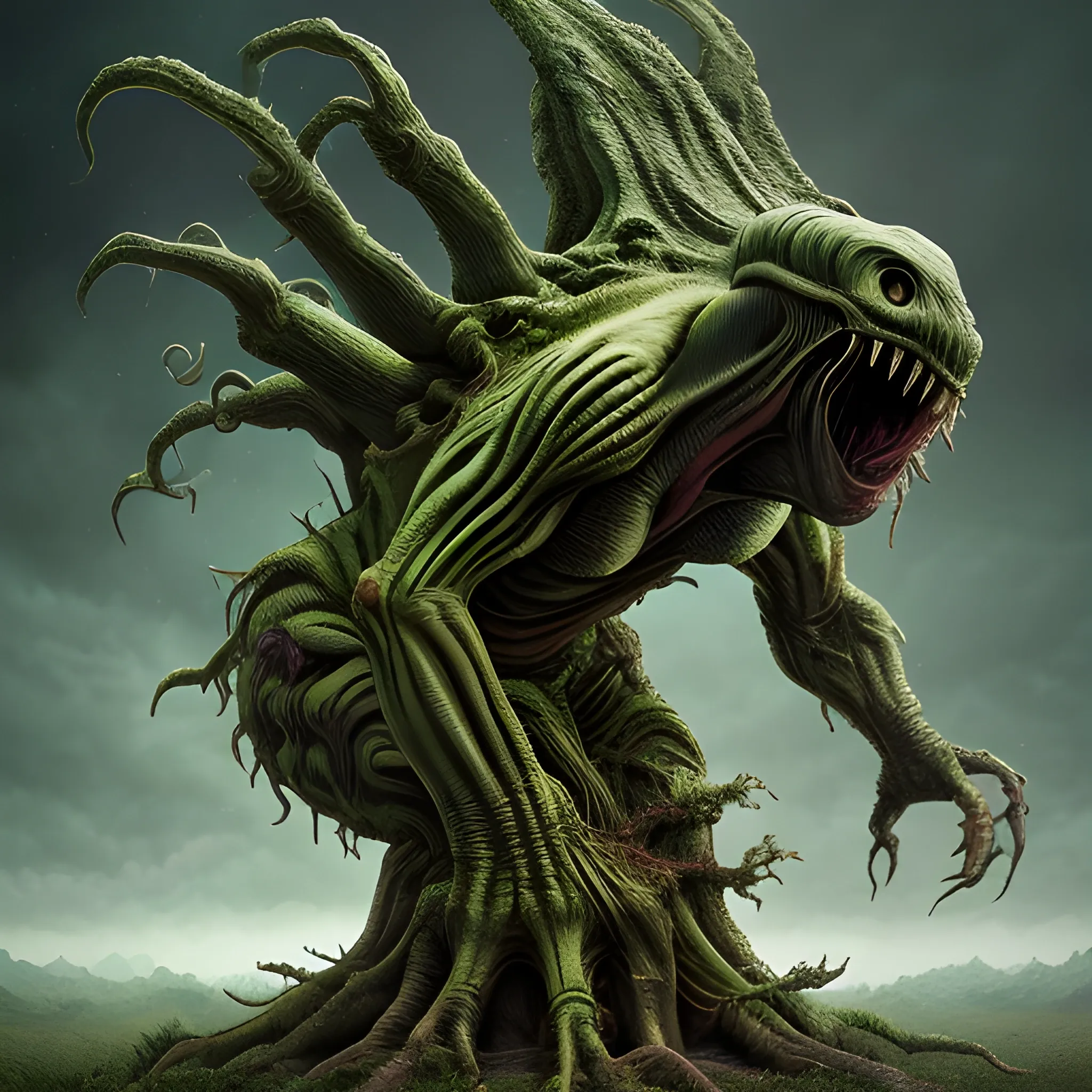 A detailed high resolution photo of a tree size alien devourer, this attacking monster is a masterpiece