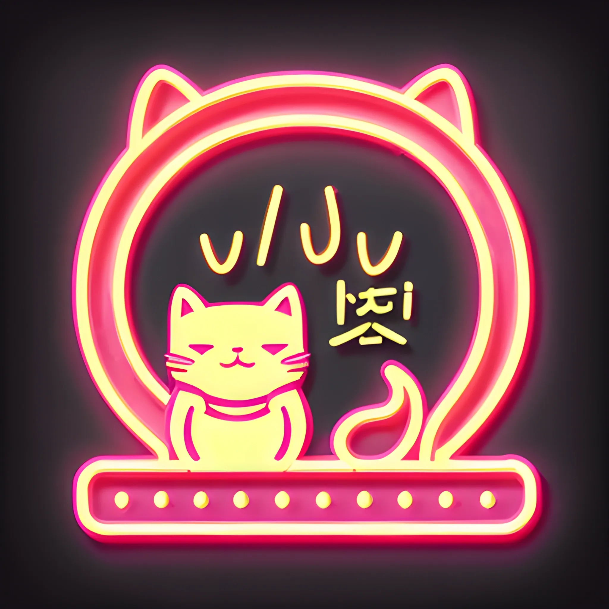 a pink neon sign with a Maneki-neko cat eating nigiri with chops, full shot splash, flat design,  highly detailed, clean, vector image, isometric, vibrant, vector, vintage, rustic, distressed texture, line art, background black, no shadows, 16k, focus, deviant art masterpiece