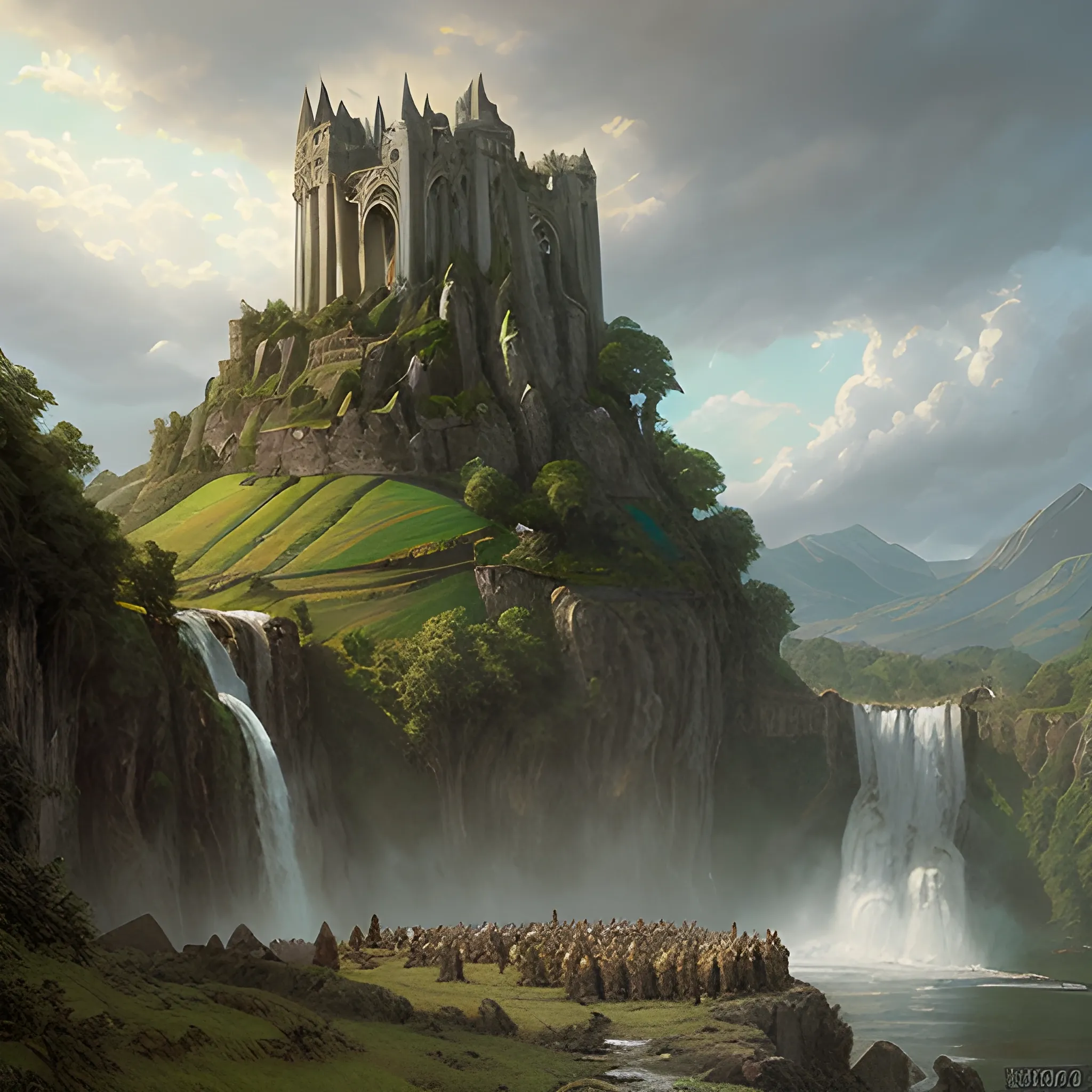 medieval adventurers in the shire scenery landscape, lord of the rings, enormous waterfall ruins, rule of thirds, highly detailed, perfect lighting, perfect composition, 4 k, artgerm, derek zabrocki, greg rutkowski, Oil Painting