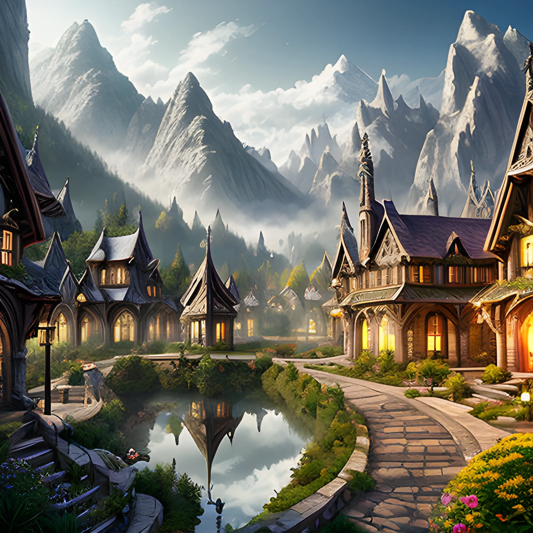 elven city in the mountains, elegant, sunny, impressive, high-detail, digital art