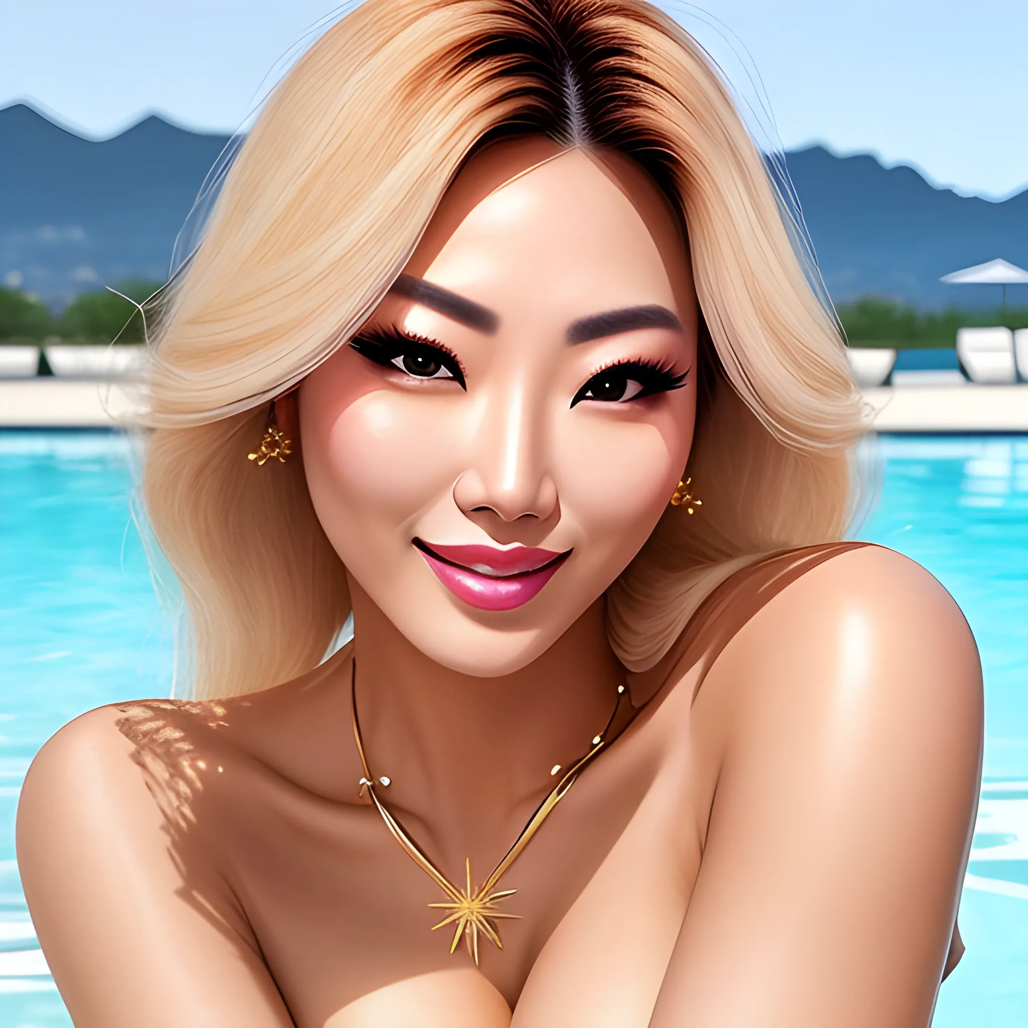 masterpiece, best quality, beautiful asain girl with beautiful sensuous eyes, sensuous smile, blond kawaii hair, light makeup, photorealistic face, detailed skin, neckless, earing leather bikini ,moles, night pool