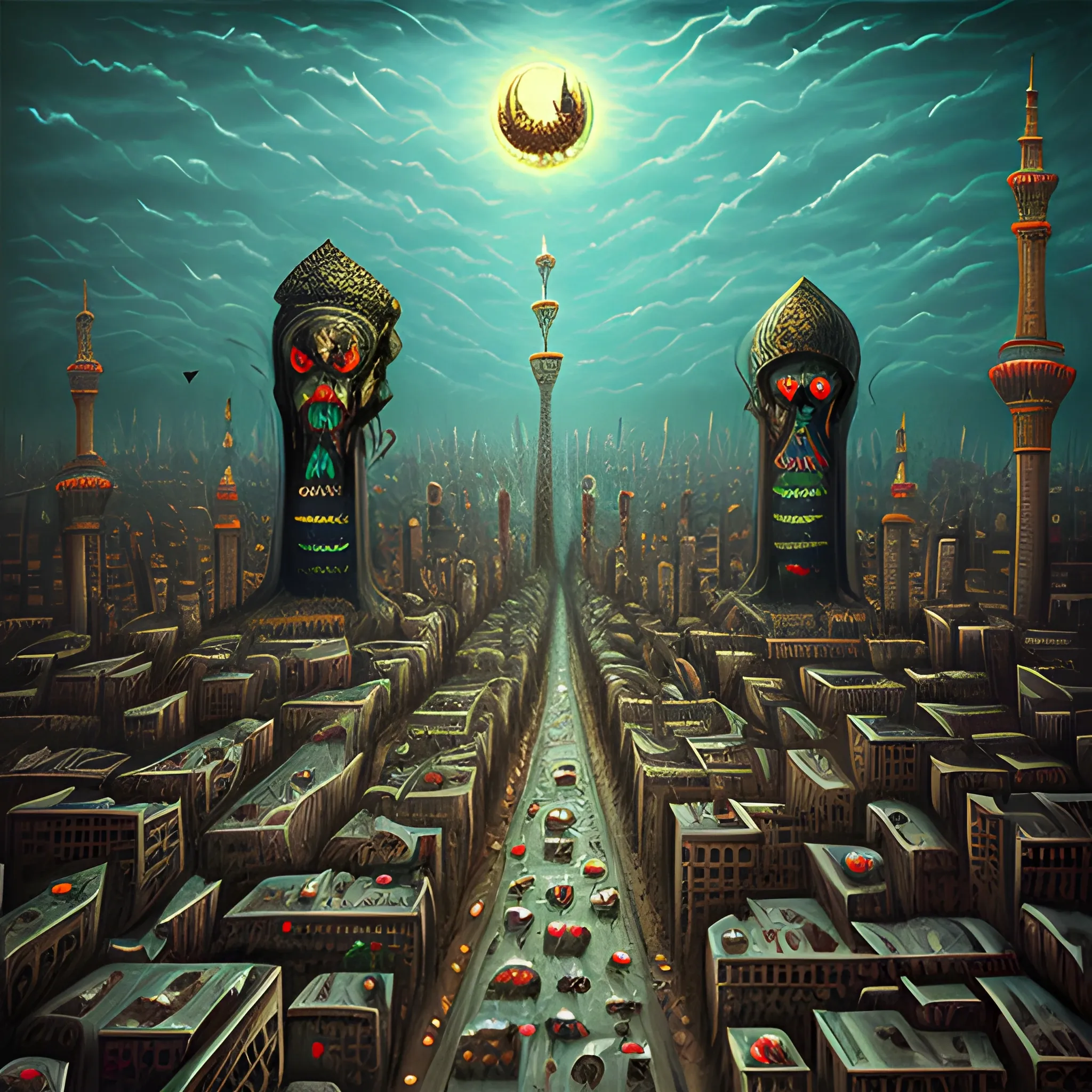 Tehran as a horror evil resident abundant city, Oil Painting, Trippy, Cartoon, 3D