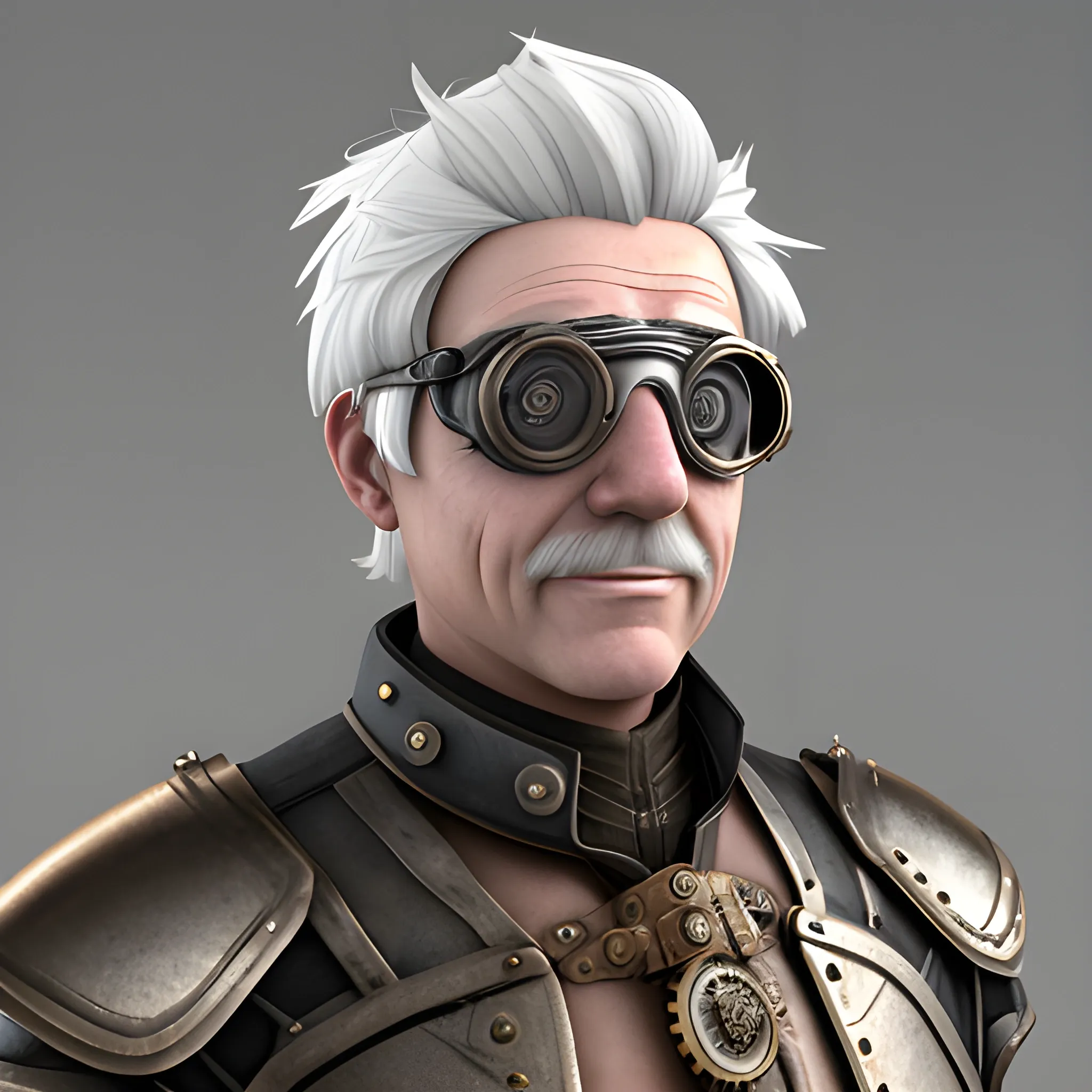, 3D middle aged man, white hair, no beard, steam punk goggles, wearing light armor, skin color is gray