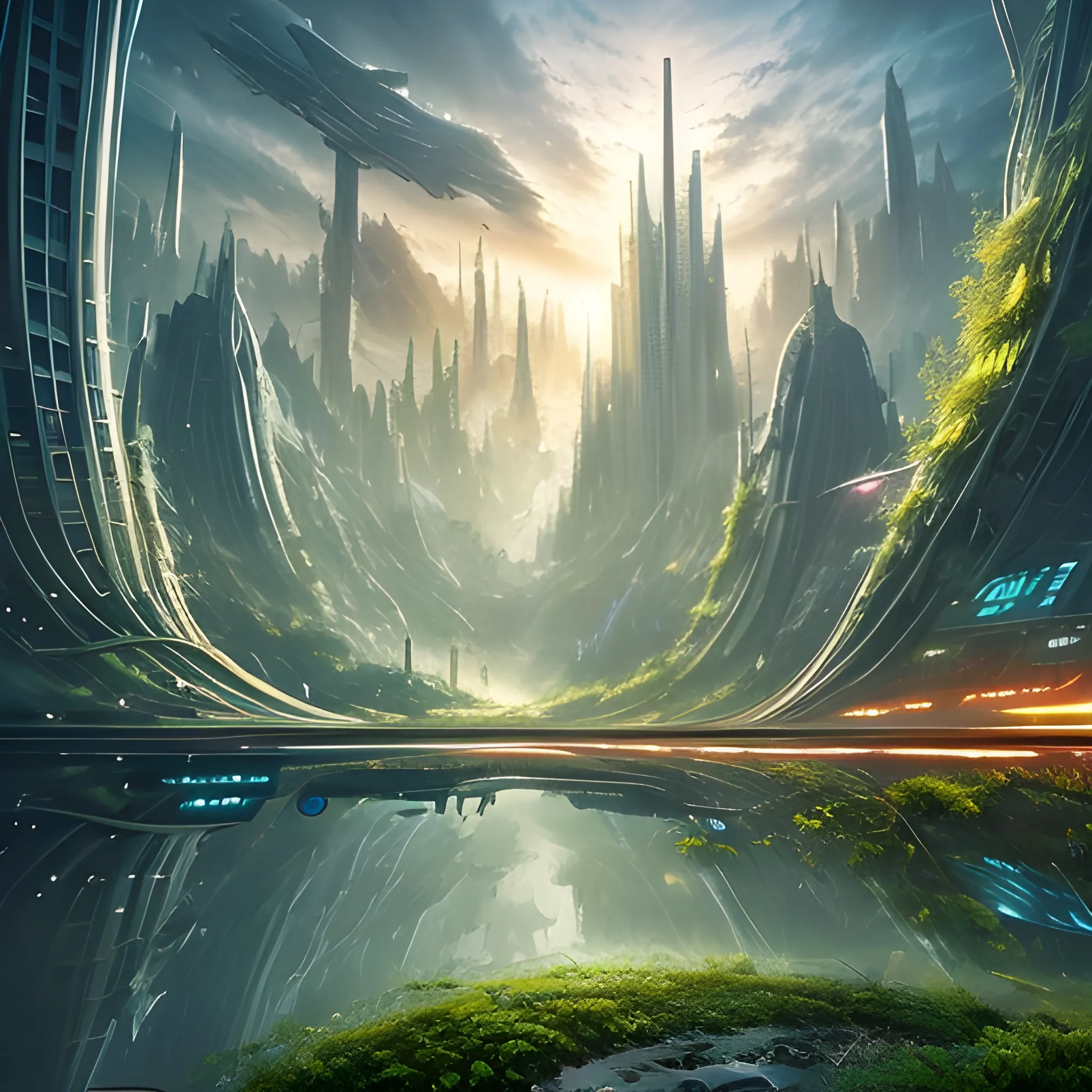 nature covered sci-fi city, magical