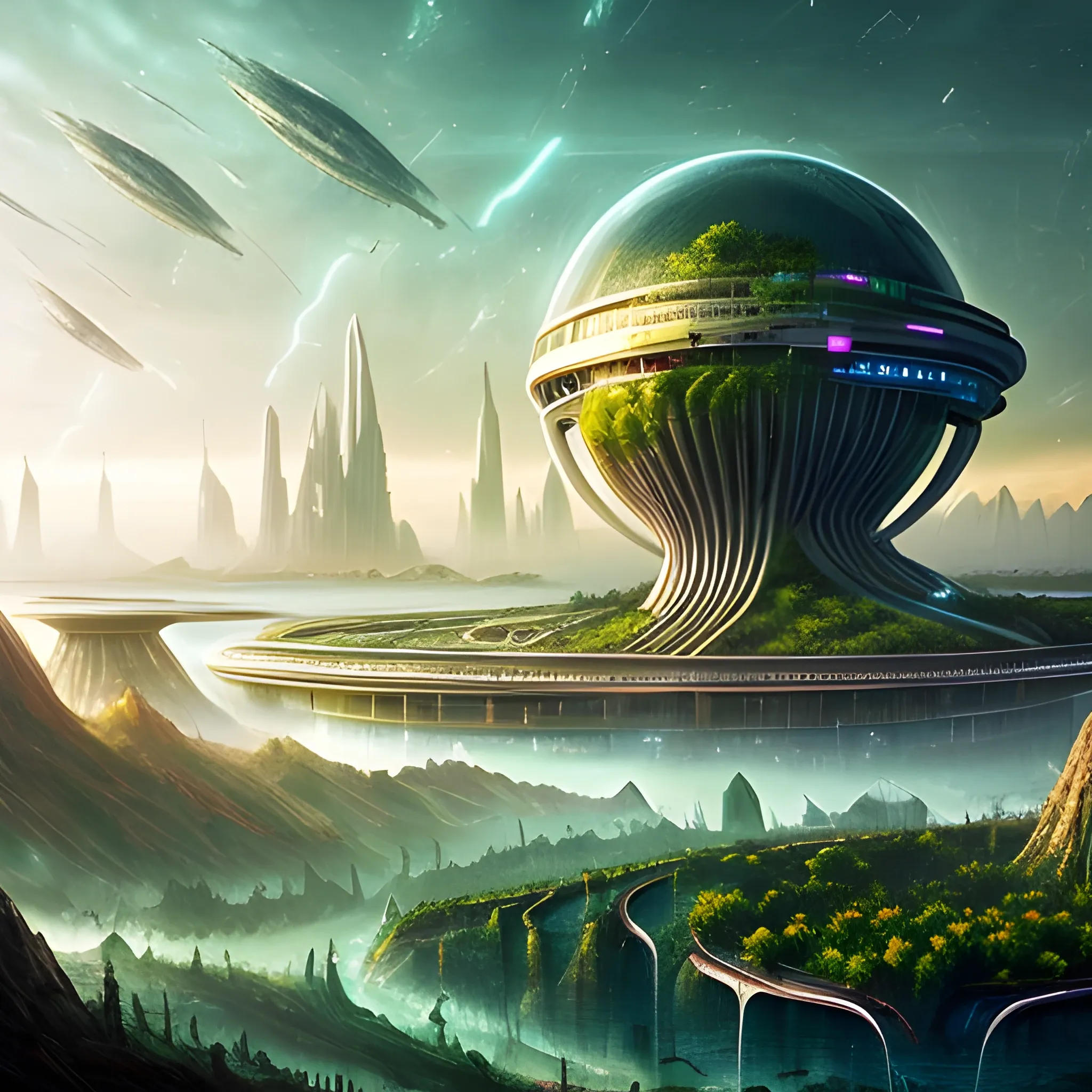 nature covered sci-fi city, magical