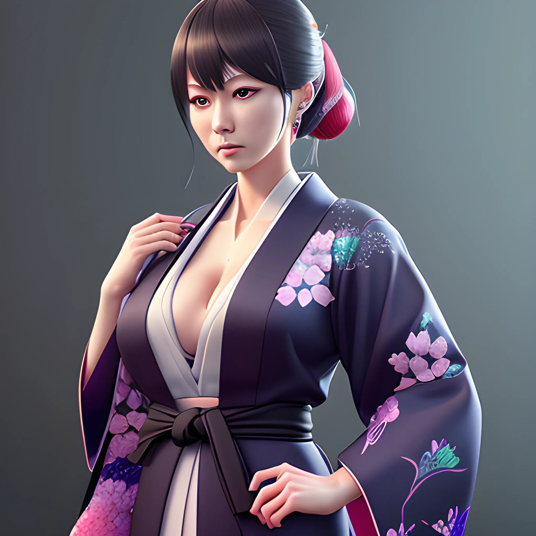 office lady,Kimono,blender,fantasy,,Ultra realistic anime,highly detailed,Digital painting,trending on artstation,hyper detailed,hyper realistic,cinematic lightning,seductive pose,mature body.